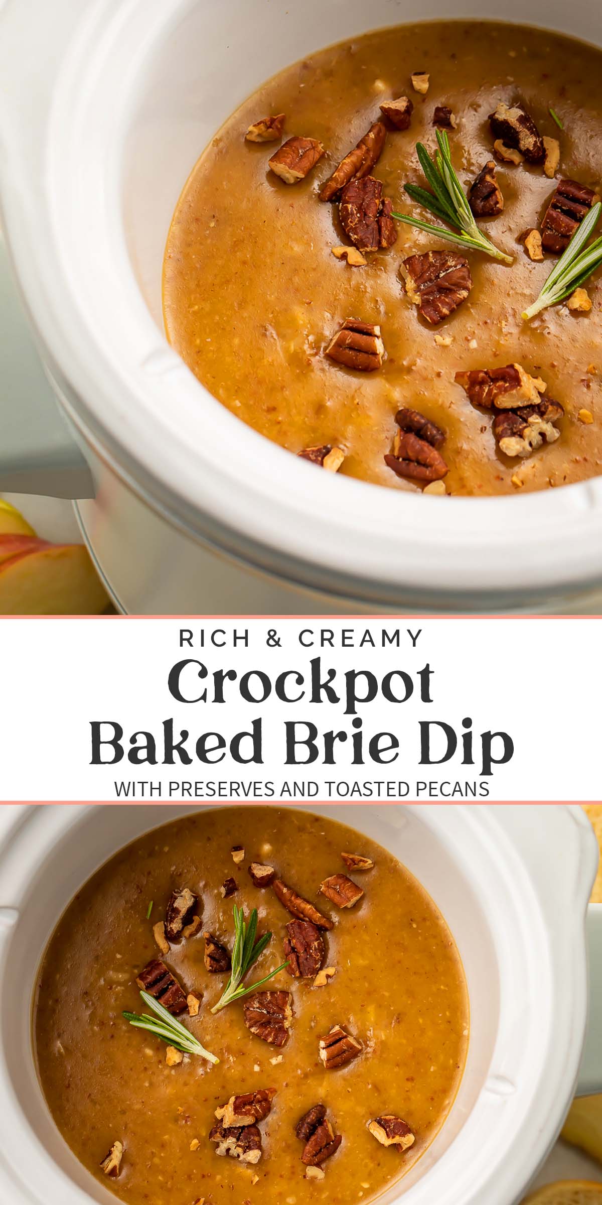 Pin graphic for Crockpot baked brie dip.