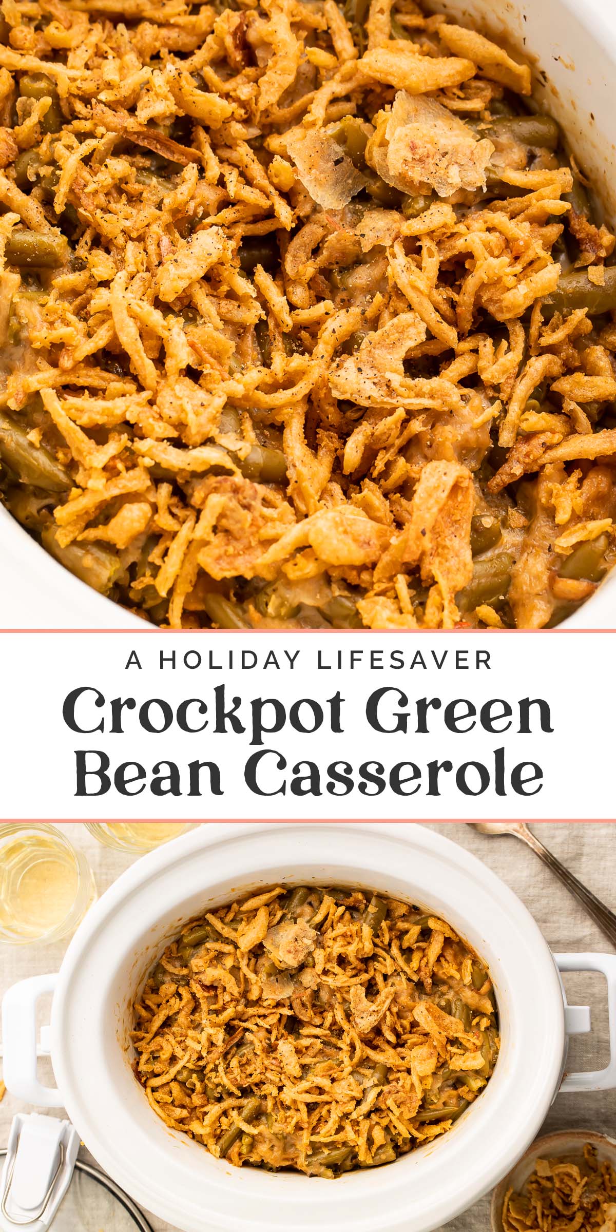 Pin graphic for Crockpot green bean casserole.