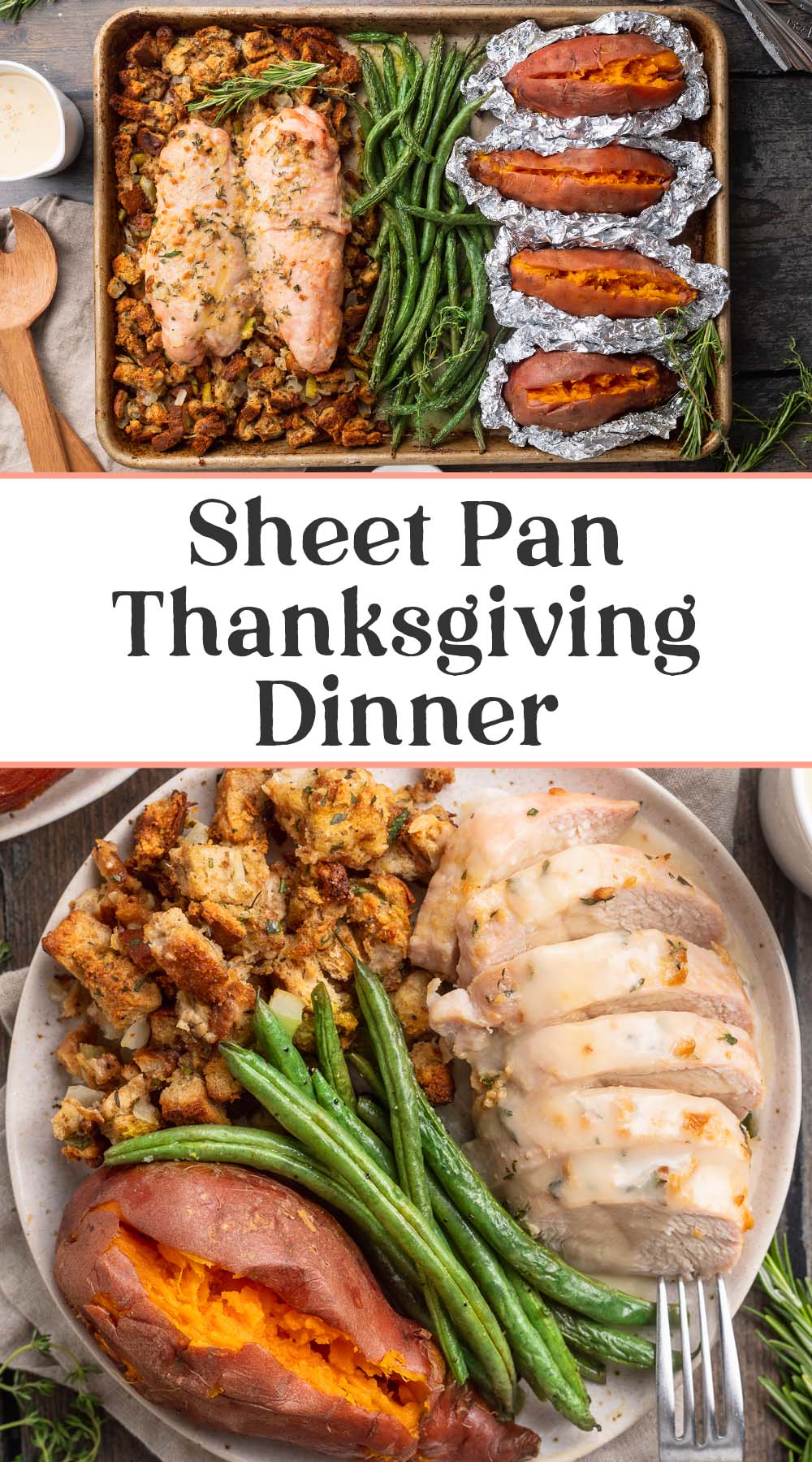 Pin graphic for one-pan holiday meal.
