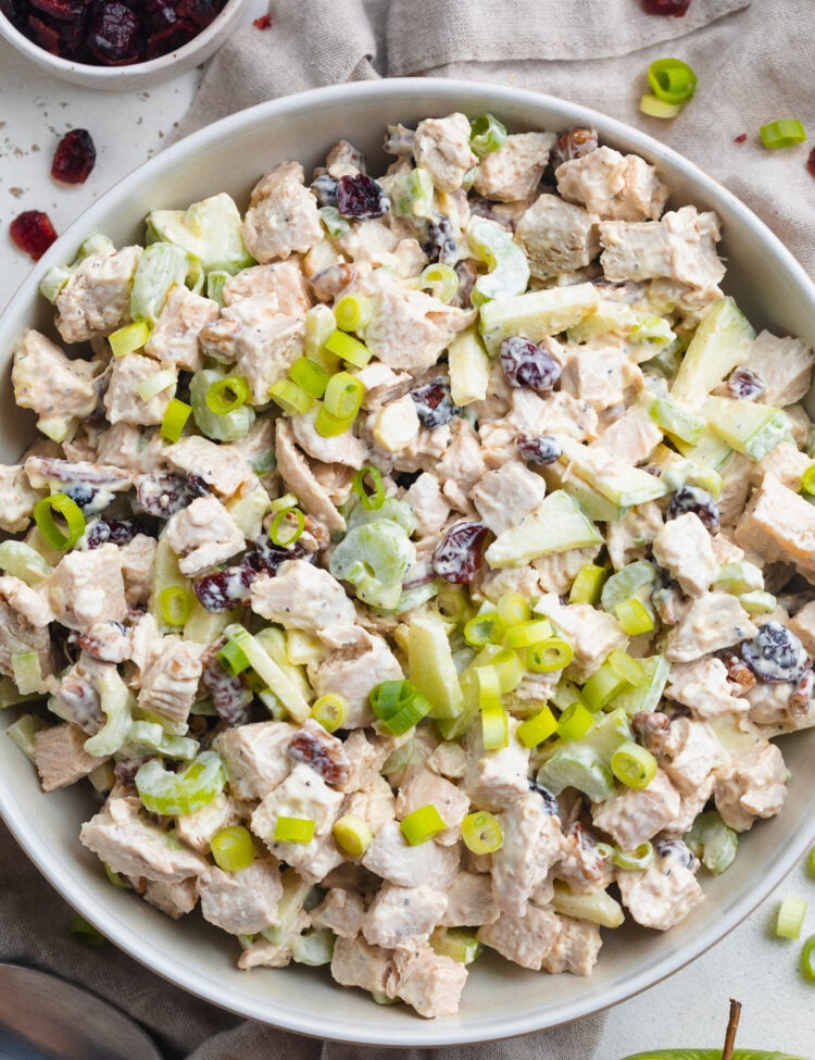Overhead view of a big bowl of leftover turkey salad with pecans and cranberries.