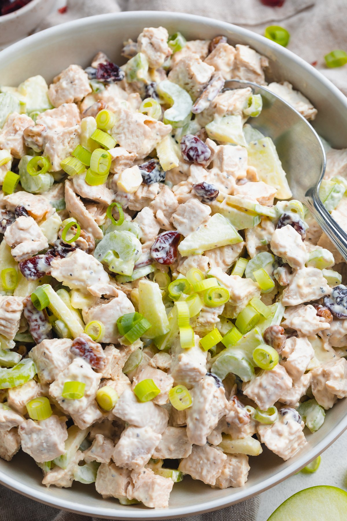 Close-up view of leftover turkey salad with cranberries and pecans in a large mixing bowl on a holiday table.