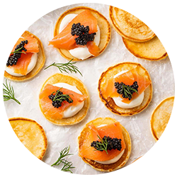Round image of cocktail blini.