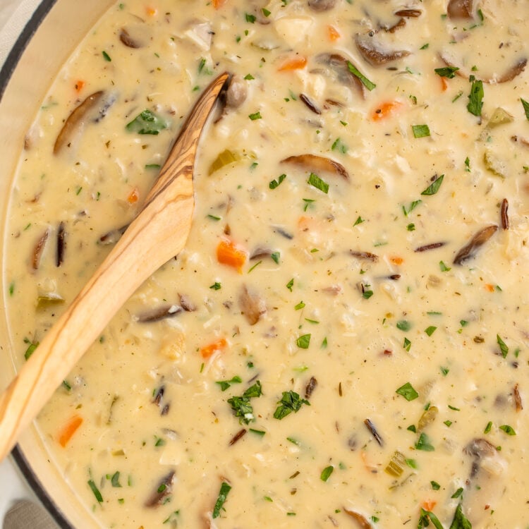 Overhead view of a large heavy pot containing creamy chicken and wild rice soup with mushrooms and carrots. A wooden spoon rests in the soup.