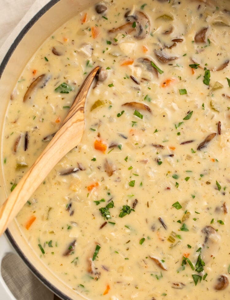 Overhead view of a large heavy pot containing creamy chicken and wild rice soup with mushrooms and carrots. A wooden spoon rests in the soup.
