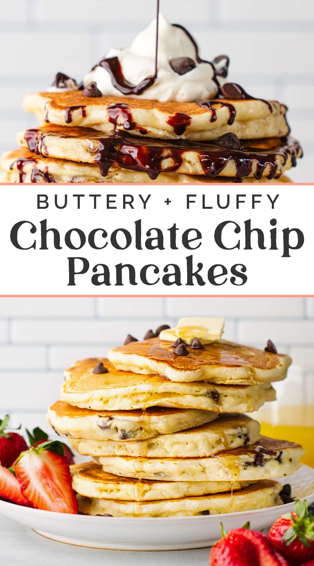 Pin graphics for chocolate chip pancakes.