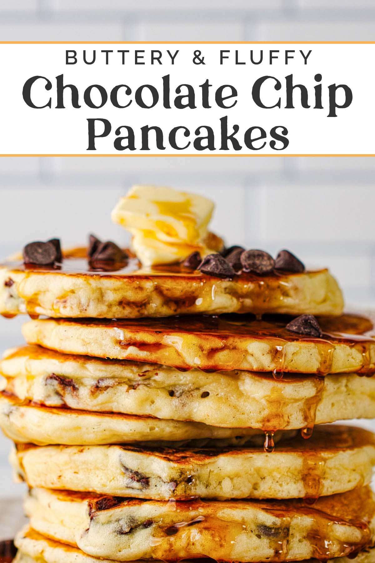 Pin graphics for chocolate chip pancakes.