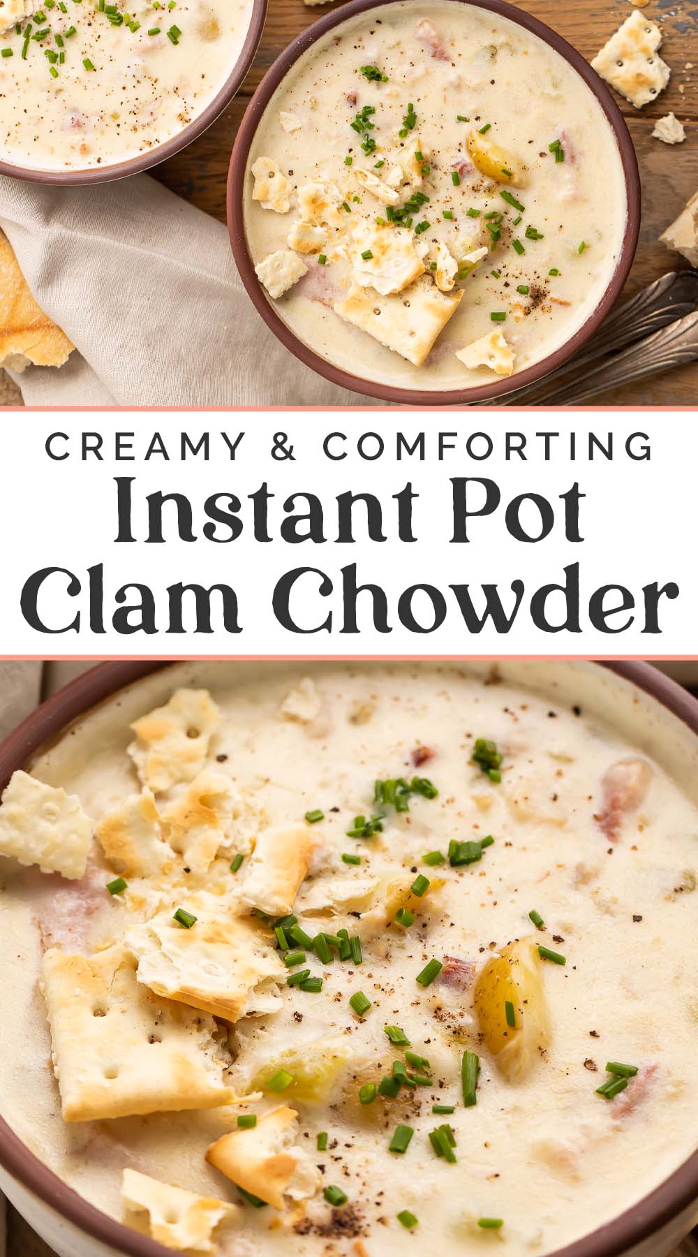 Pin graphic for Instant Pot clam chowder.
