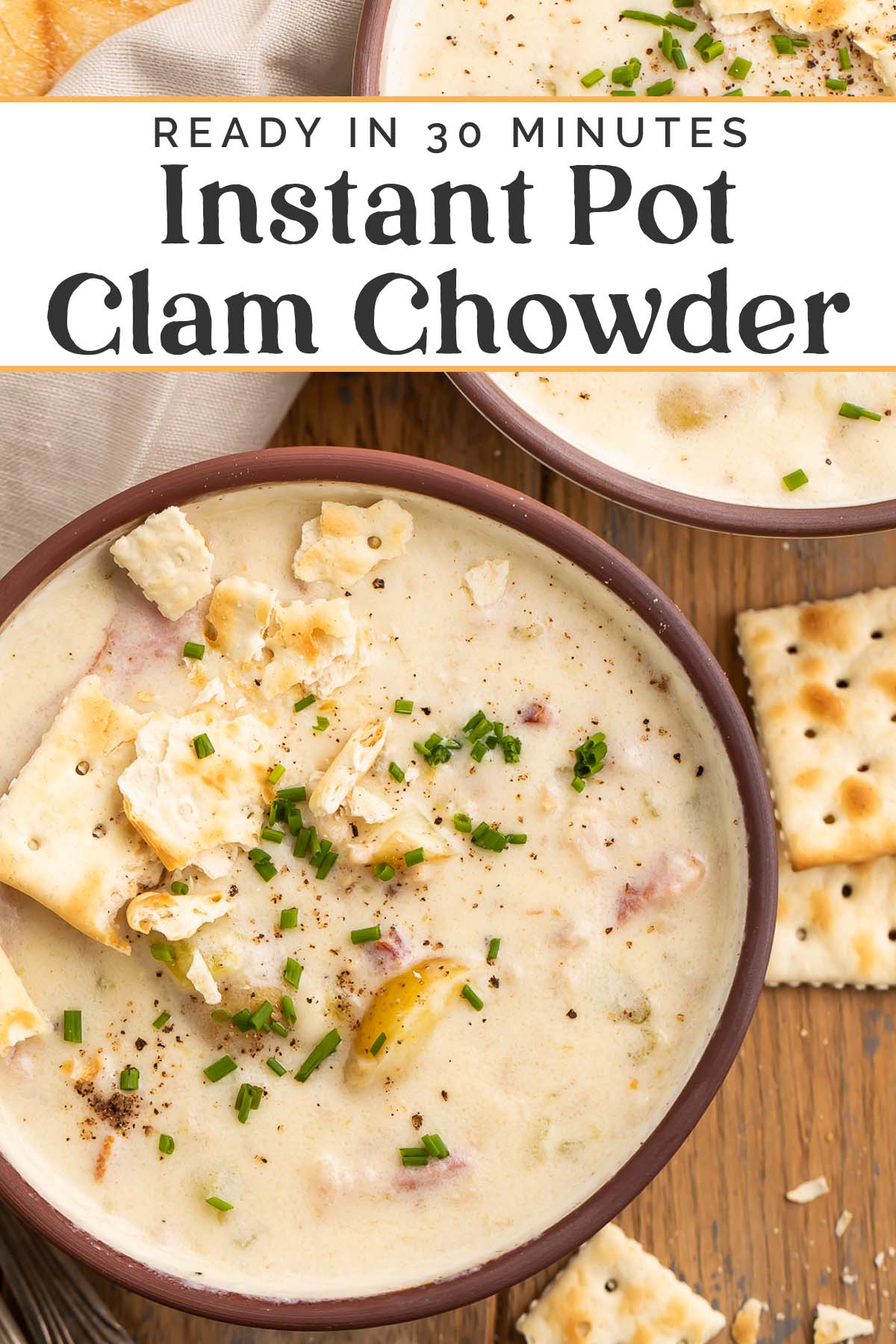 Pin graphic for Instant Pot clam chowder.