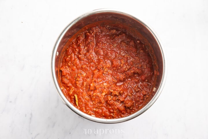 Overhead view of Instant Pot spaghetti sauce in an Instant Pot insert.