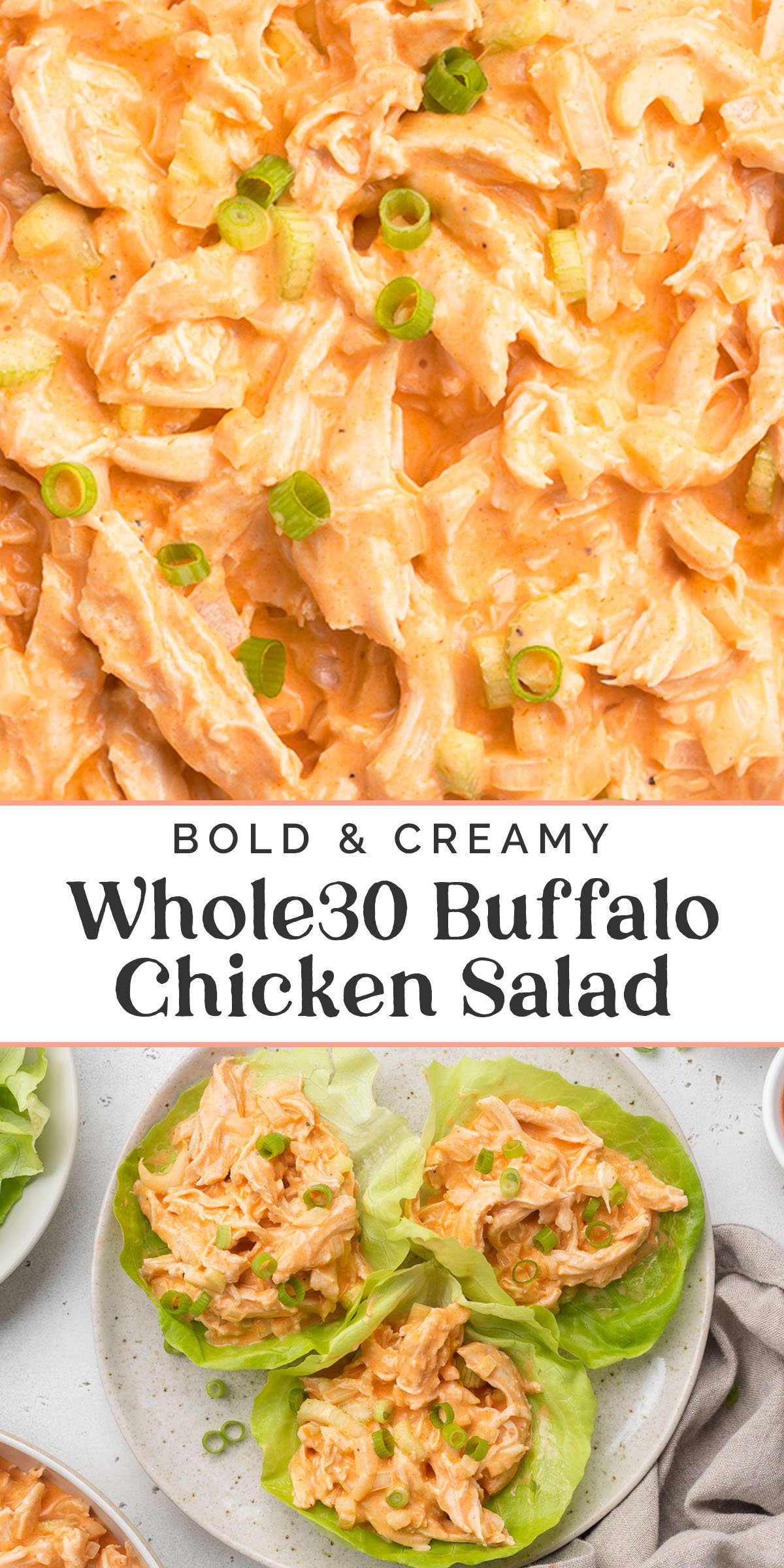 Pin graphic for Whole30 buffalo chicken salad.