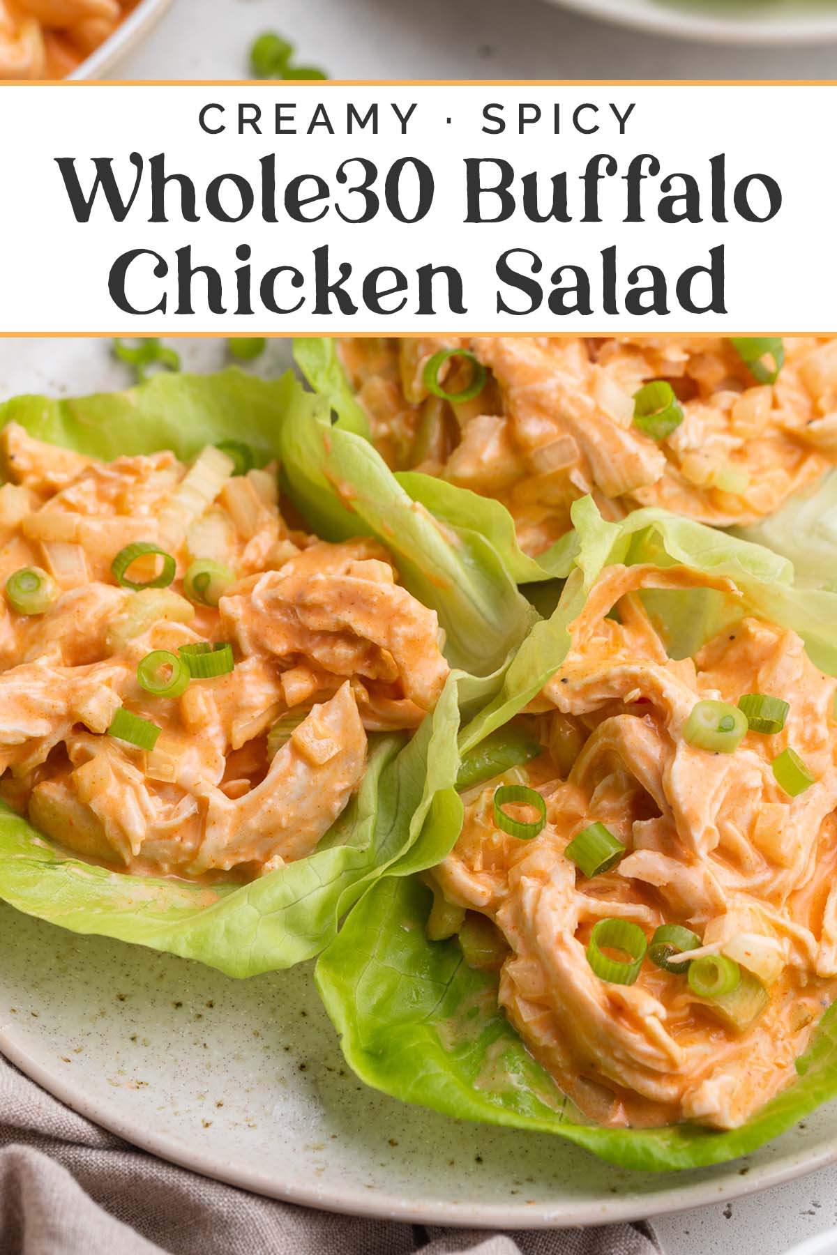 Pin graphic for Whole30 buffalo chicken salad.