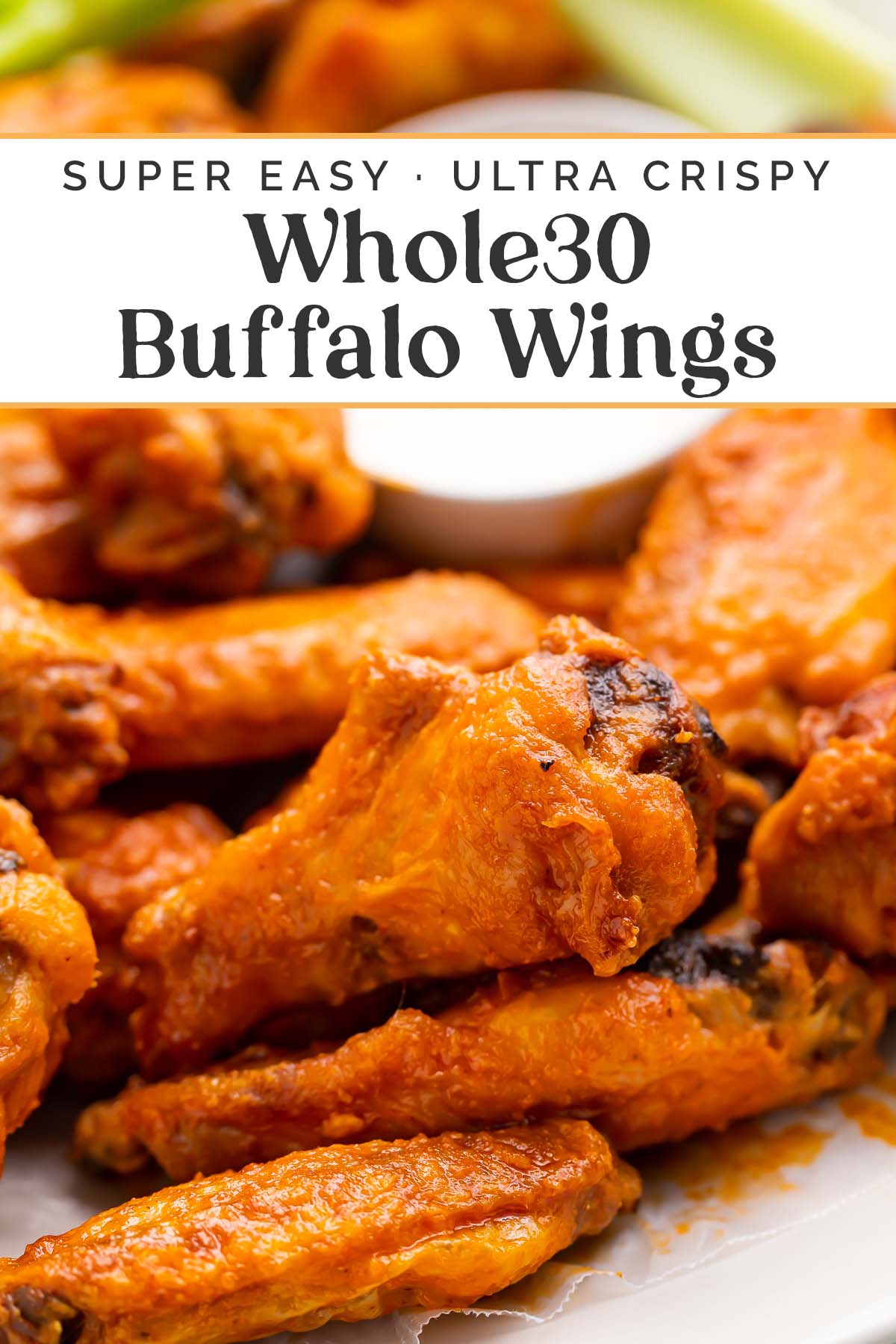 Pin graphic for Whole30 buffalo wings.