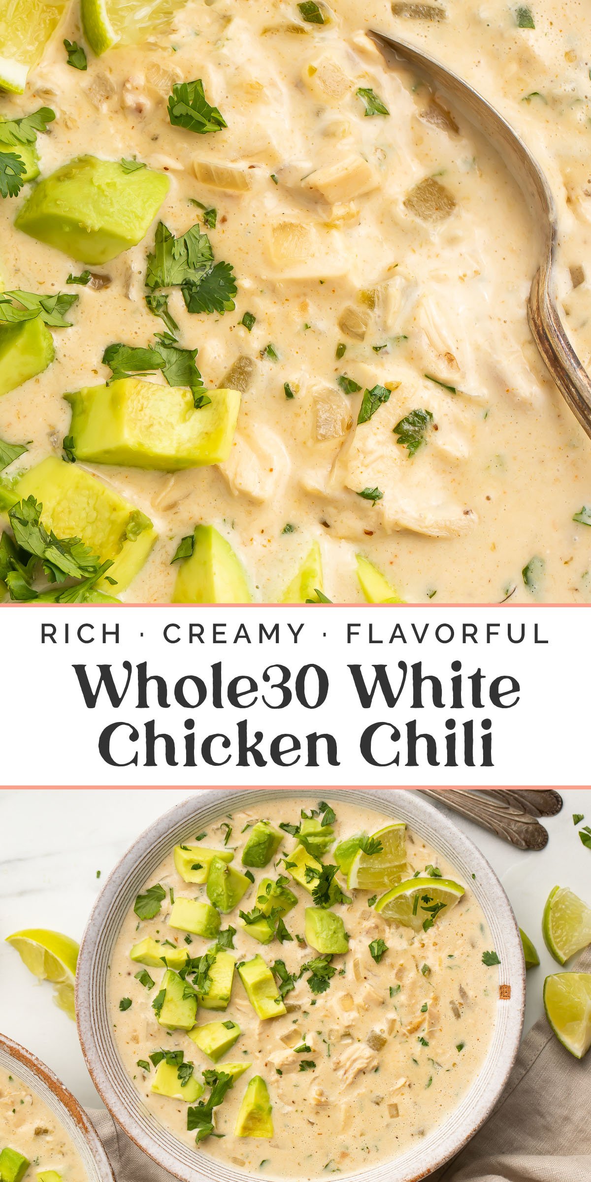 Pin graphic for Whole30 white chicken chili.
