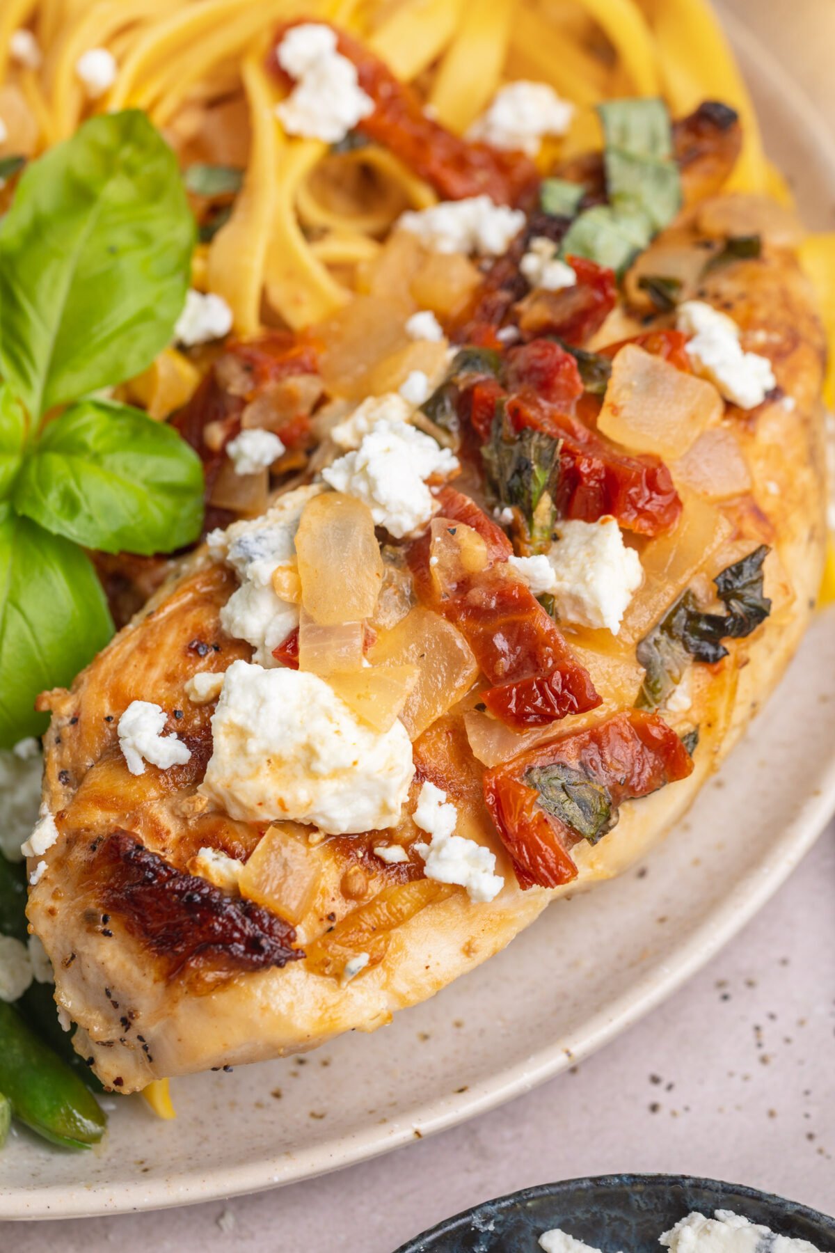 Close-up of chicken Bryan on a plate with sun-dried tomatoes, goat cheese, and basil leaves.