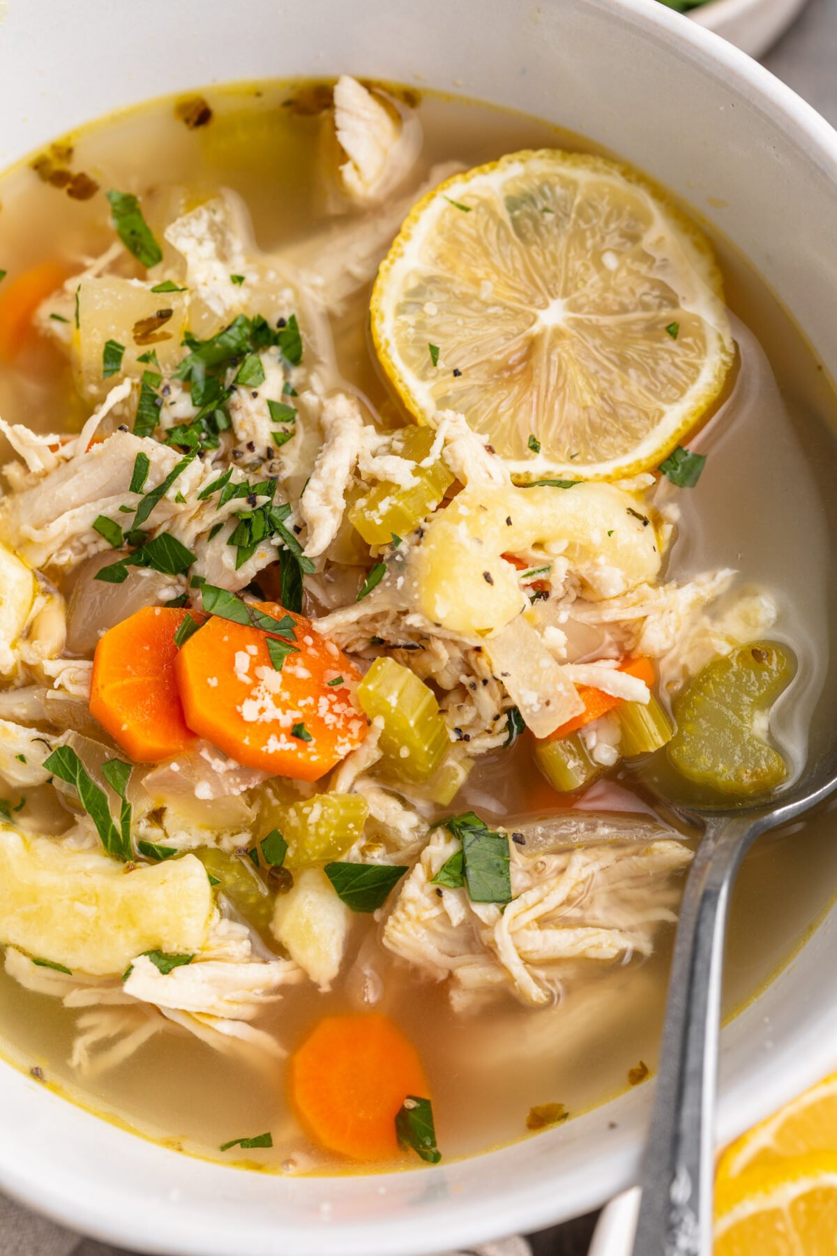 Close-up view of keto chicken noodle soup.