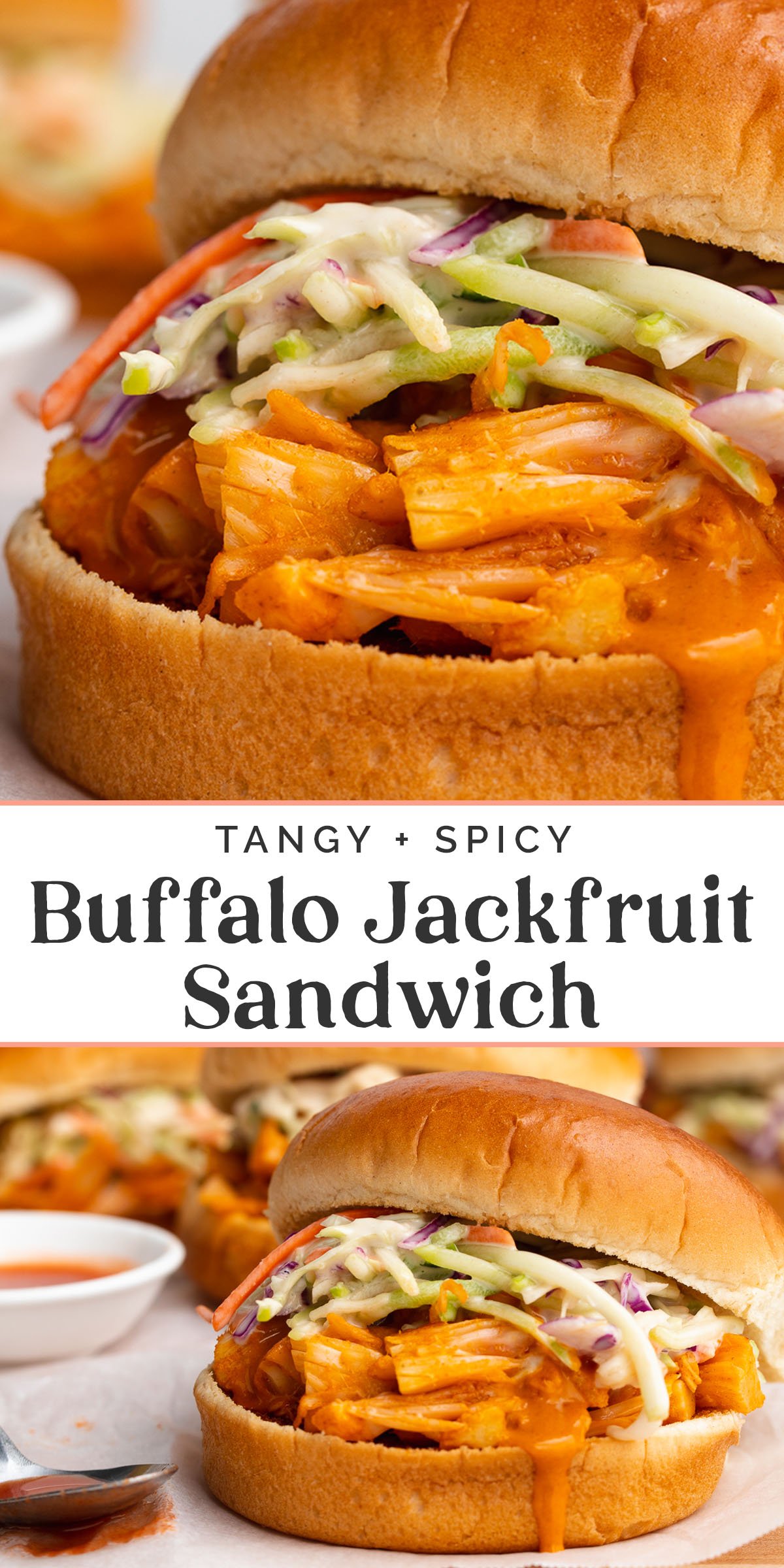 Pin graphic for buffalo jackfruit sandwich.