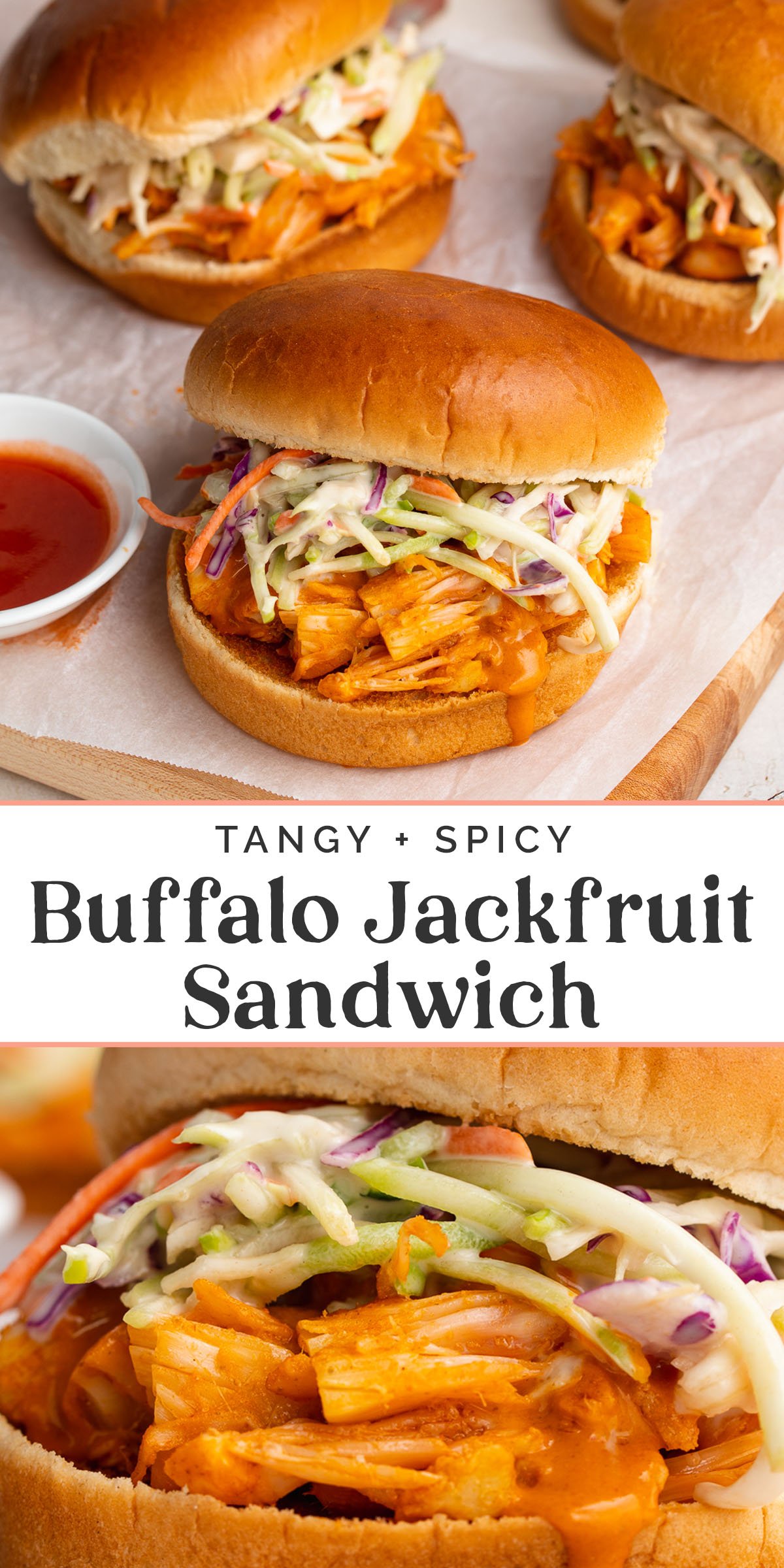 Pin graphic for buffalo jackfruit sandwich.