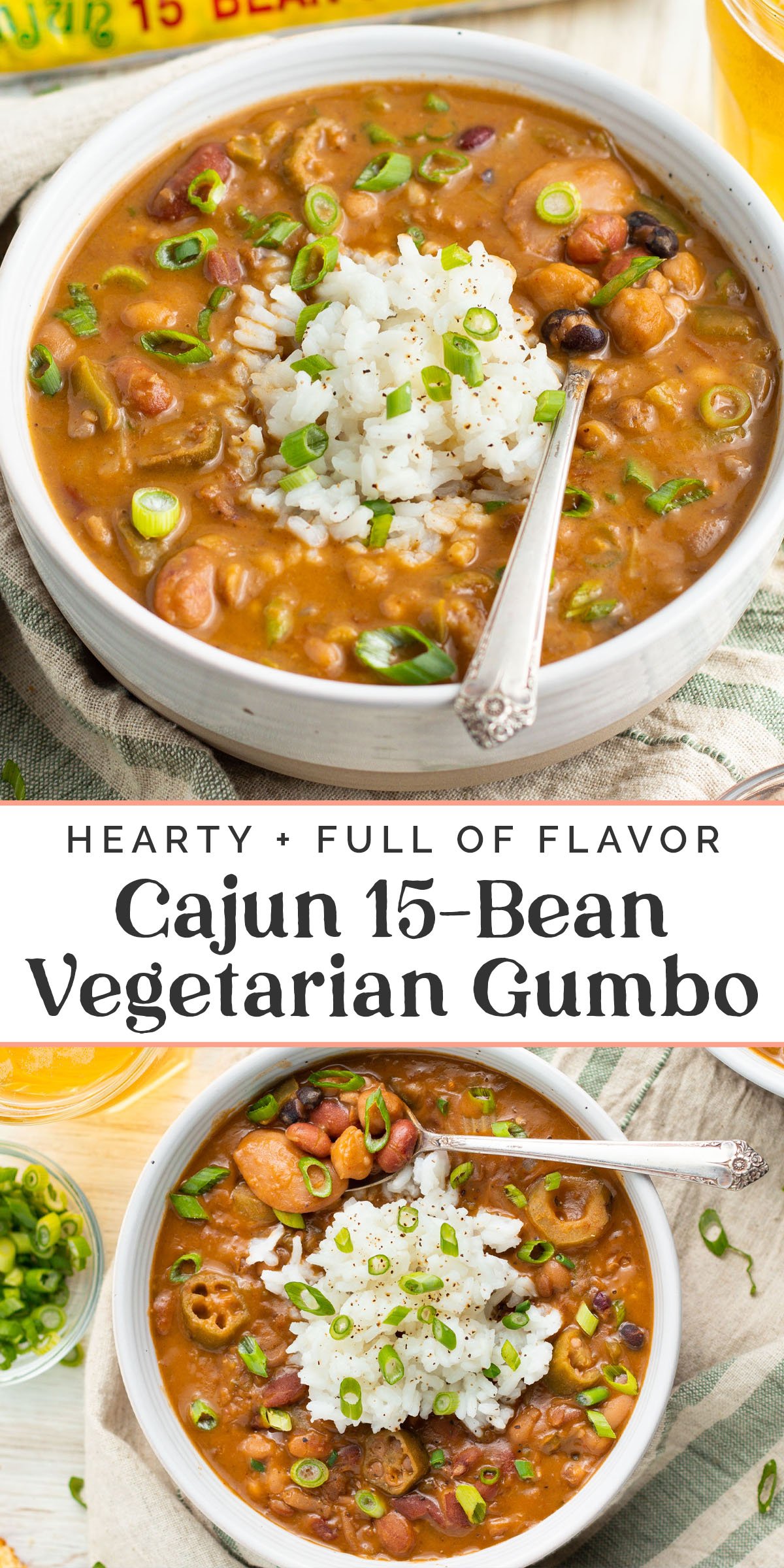 Pin graphic for Cajun 15-bean vegetarian gumbo.