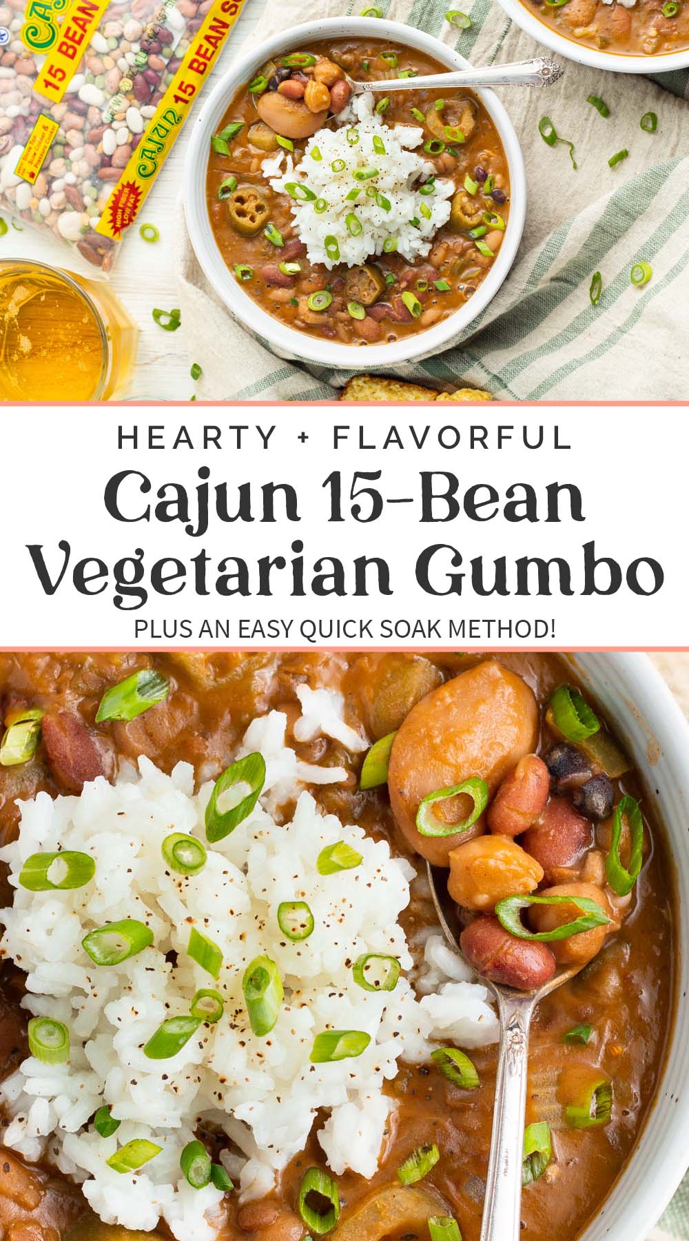 Pin graphic for Cajun 15-bean vegetarian gumbo.