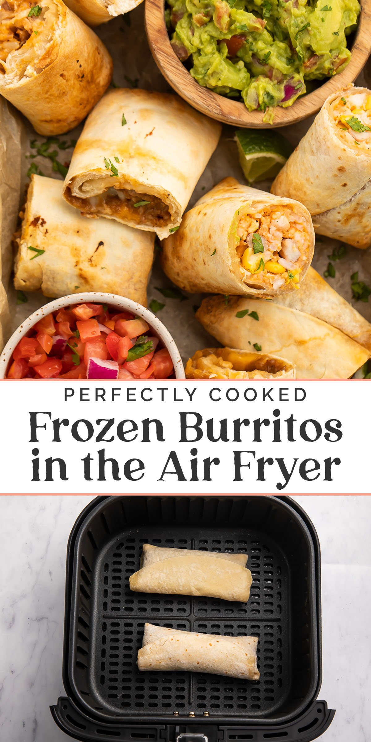 Pin graphic for frozen burritos in the air fryer.