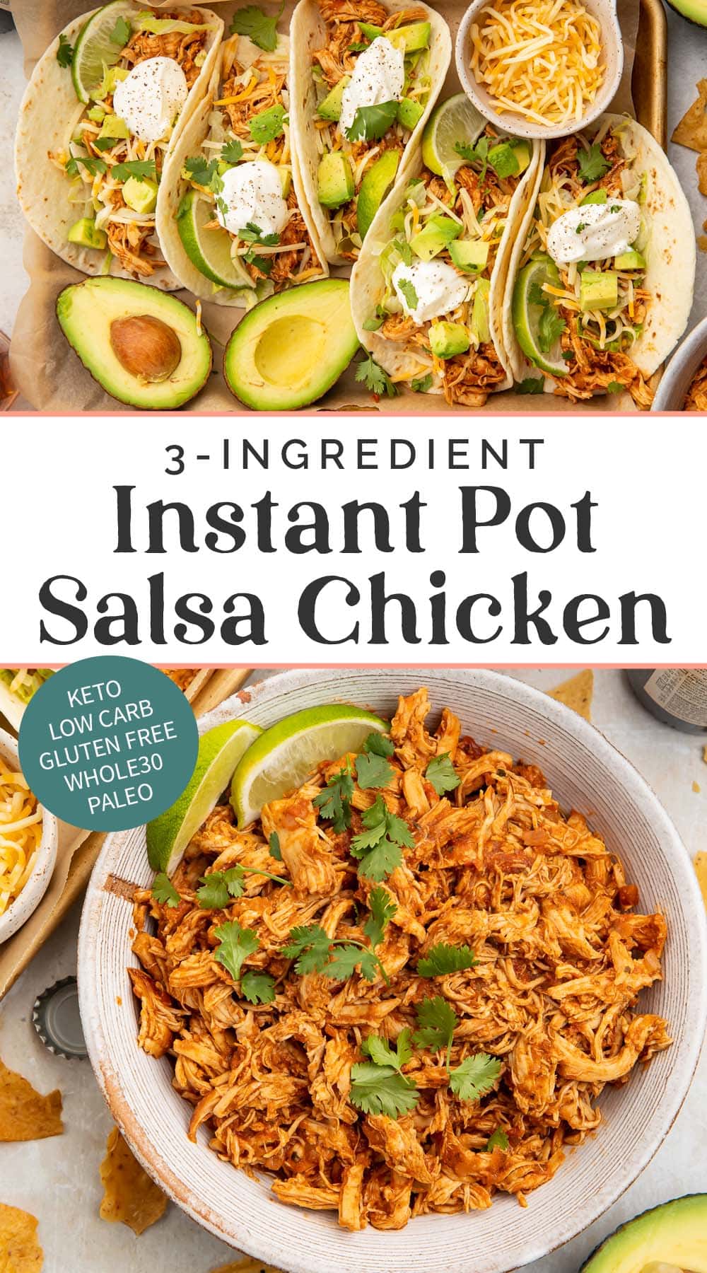 Pin graphic for Instant Pot salsa chicken.