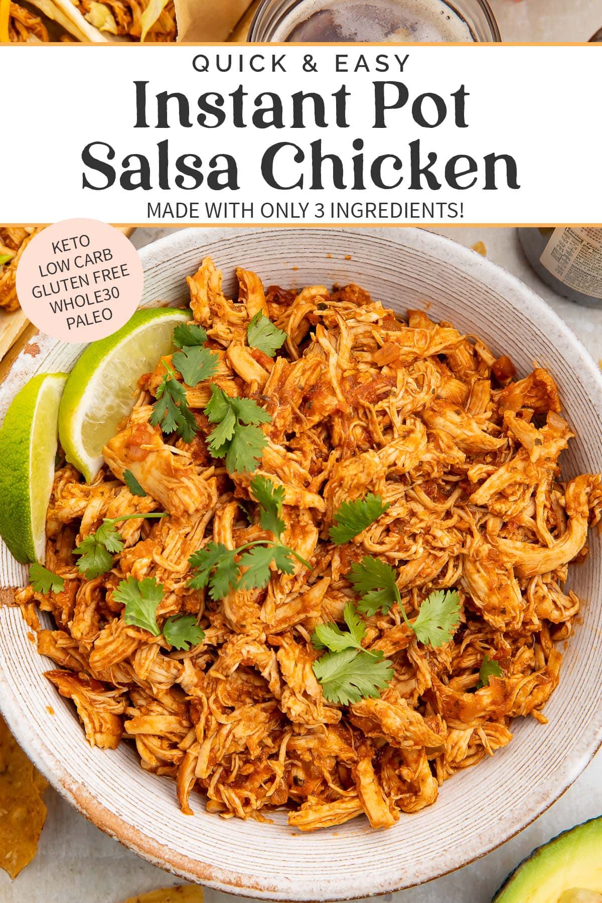 Pin graphic for Instant Pot salsa chicken.