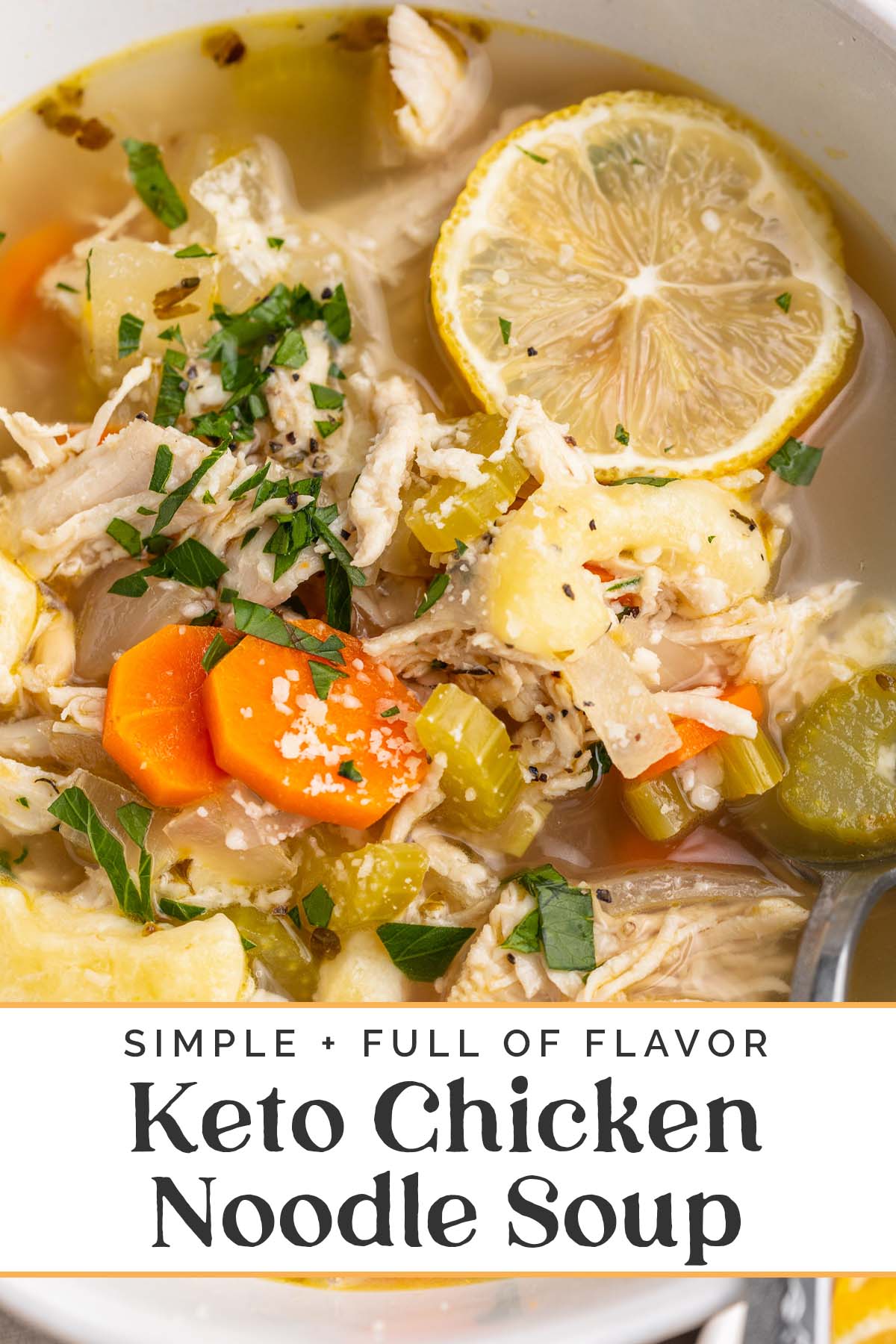 Pin graphic for keto chicken noodle soup.