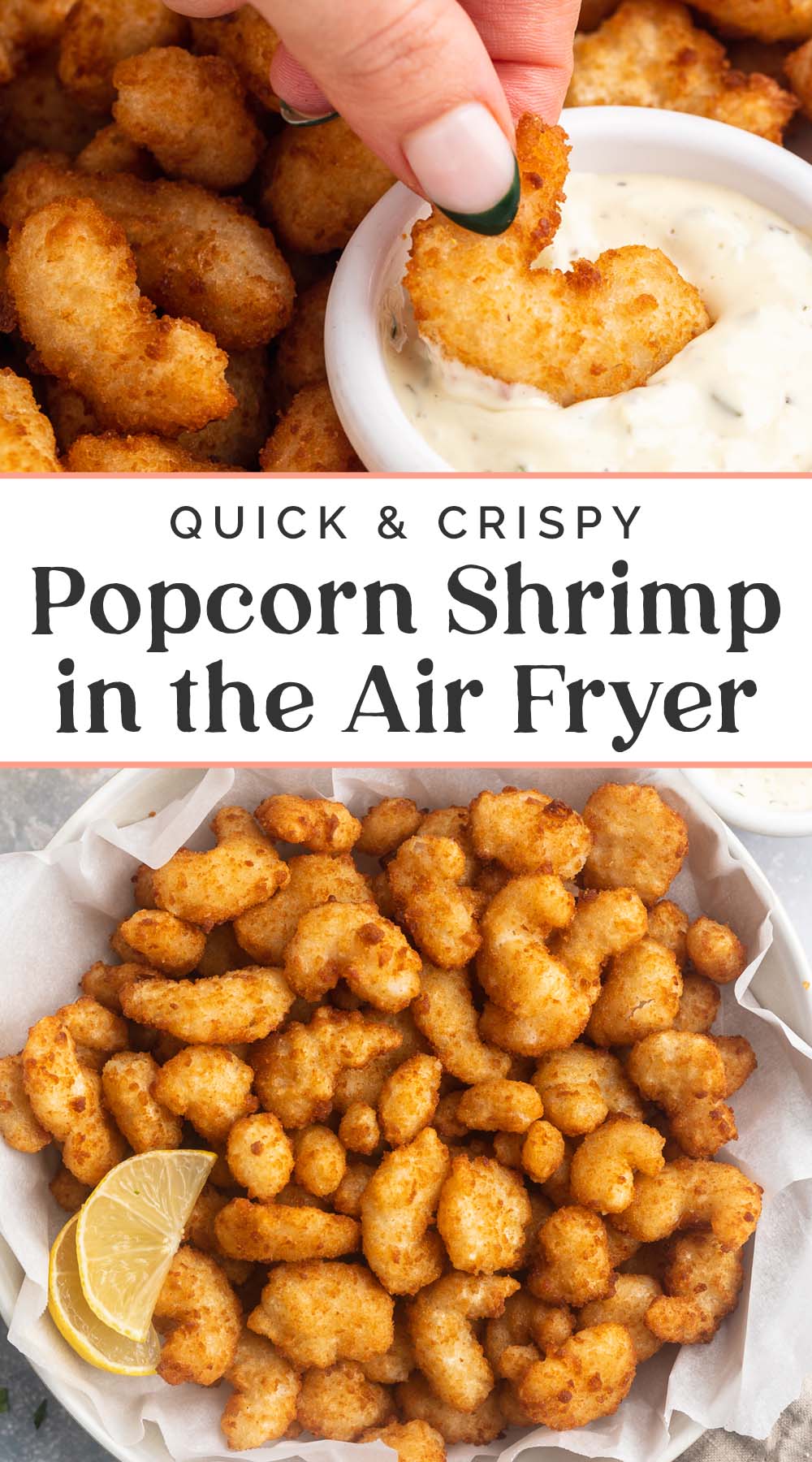 Pin graphic for popcorn shrimp in the air fryer.