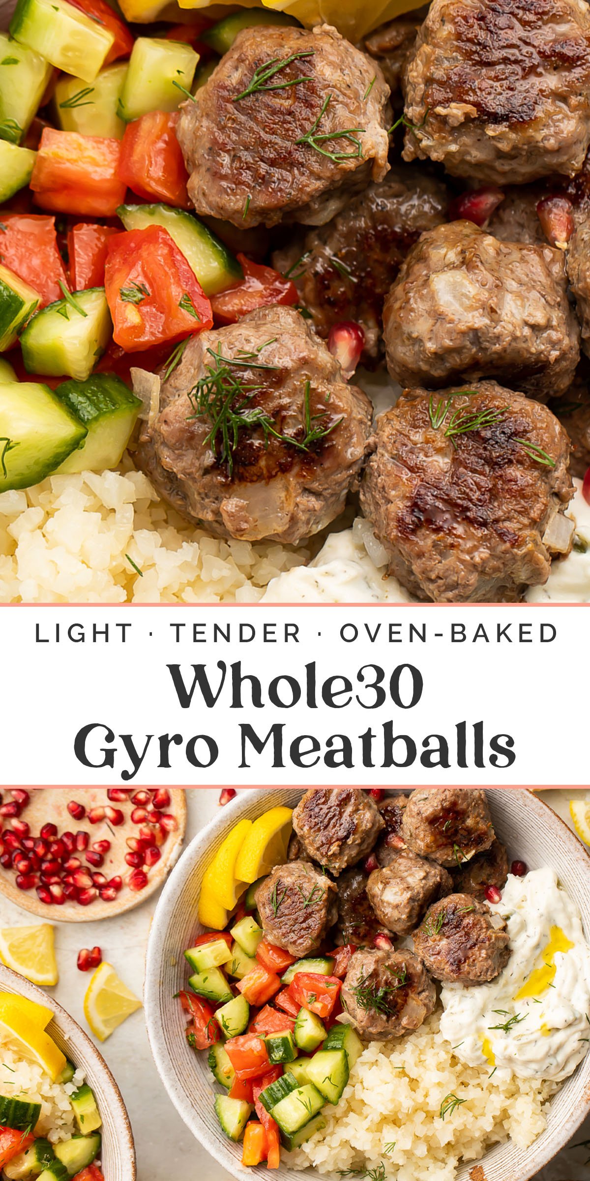Pin graphic for Whole30 gyro meatballs.