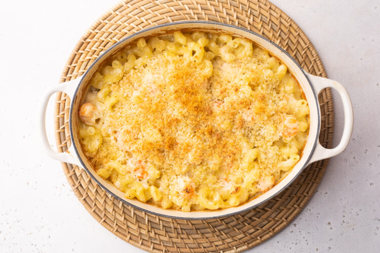 Overhead view of lobster mac and cheese with bubbly cream sauce and a lightly golden brown topping.