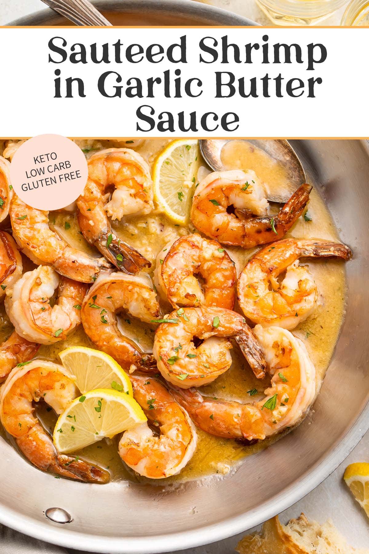 Pin graphic for sauteed garlic butter shrimp.