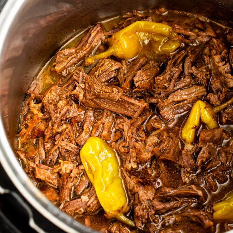 Overhead, top-down look at Instant Pot Mississippi pot roast in the Instant Pot.