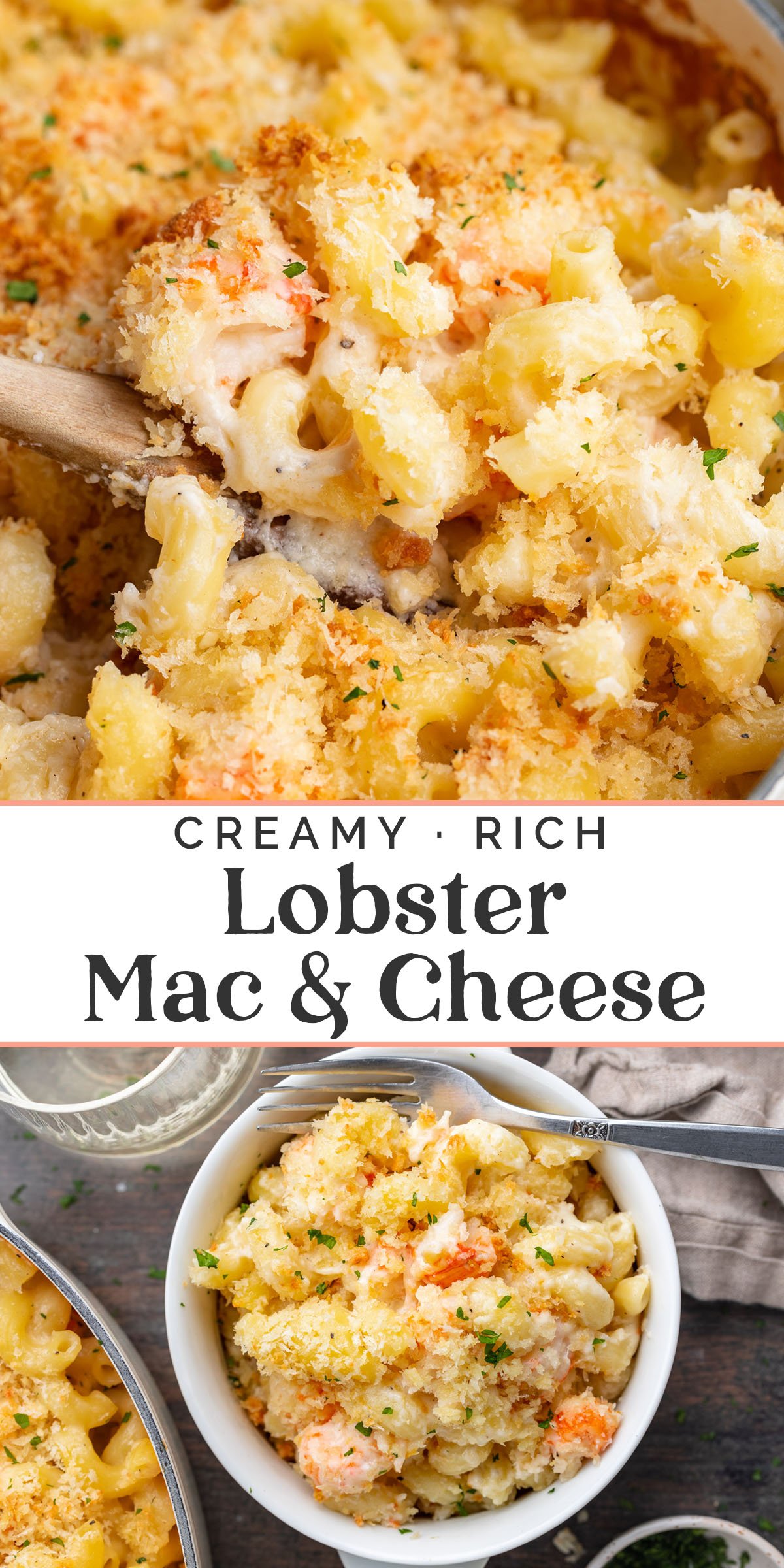 Pin graphic for lobster mac and cheese.