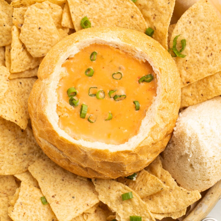 Top-down view of McAlister's chicken tortilla soup copycat in a bread bowl surrounded by tortilla chips.