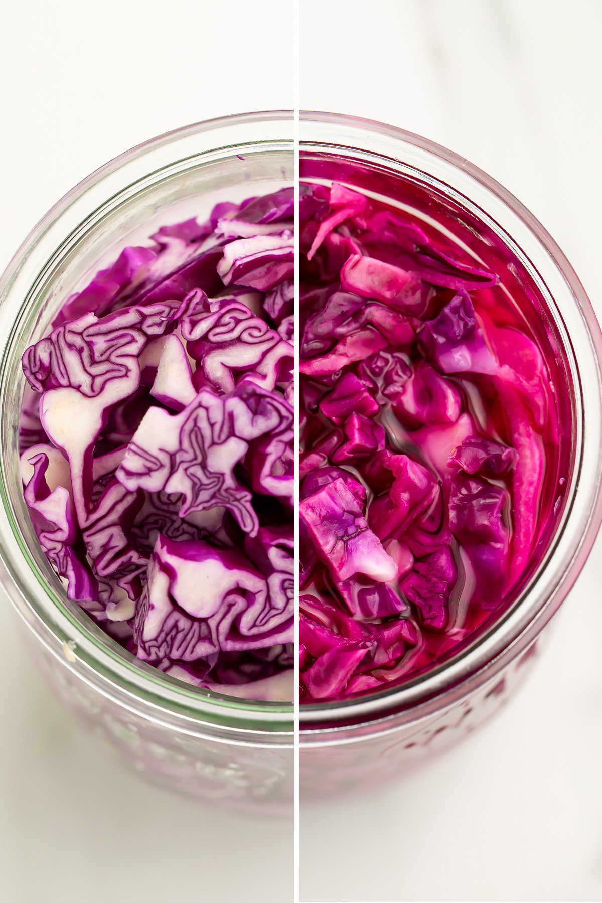 Top down view of red cabbage in a mason jar, before and after pickling.