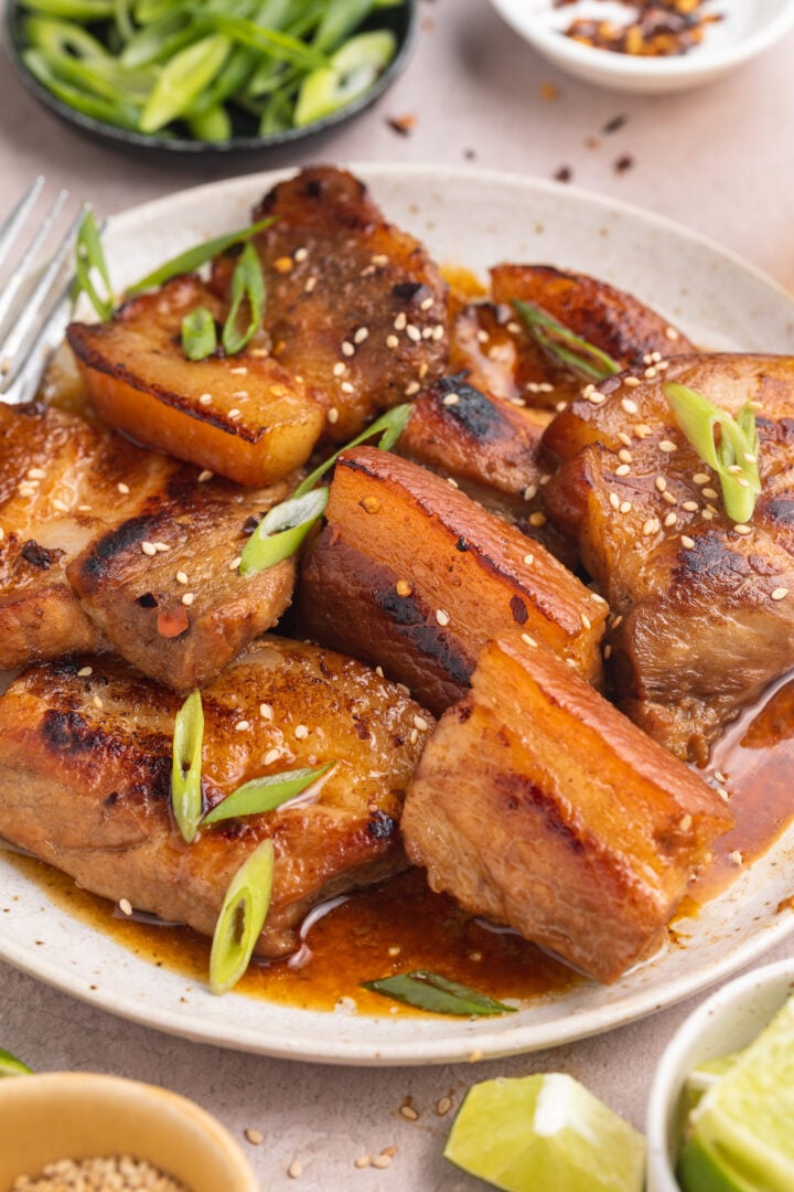 3/4-angle view of sous vide pork belly on a white plate. The meat is garnished with sesame seeds and green onions.