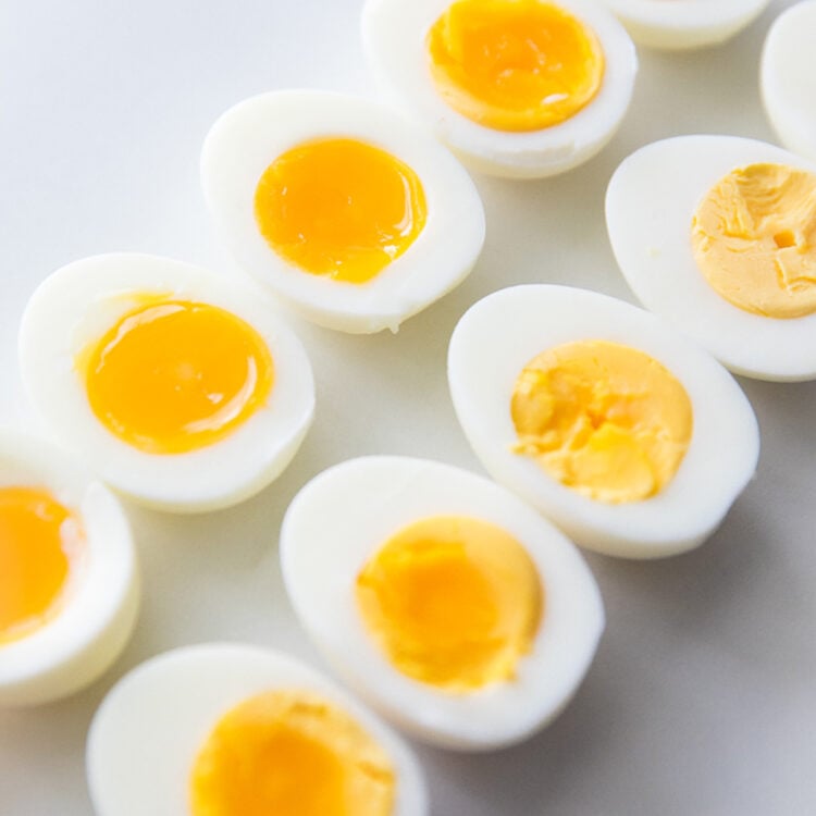 Hard and soft boiled eggs cut in half..