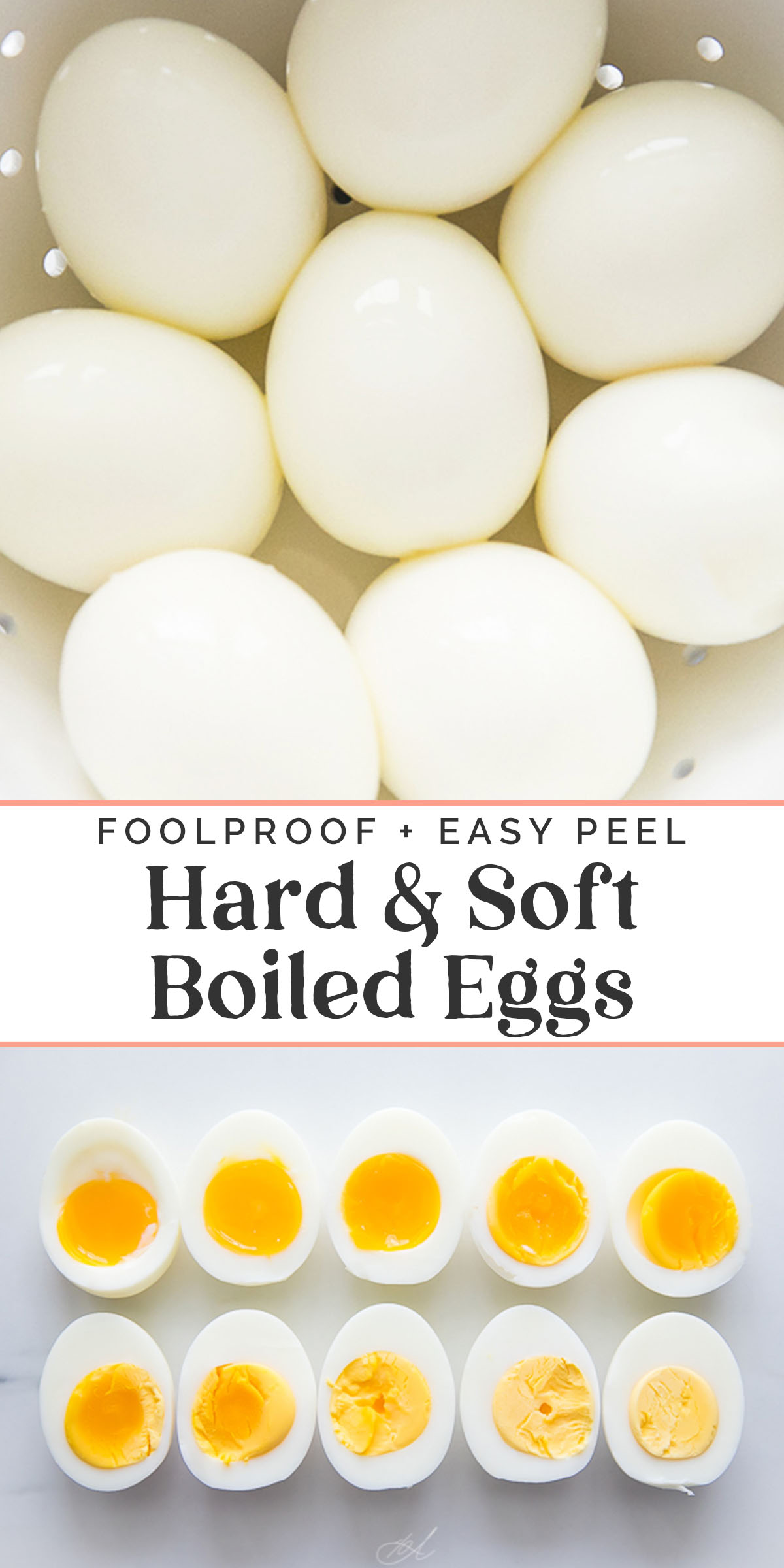Pin graphic for perfect, easy peel hard- and soft-boiled eggs.