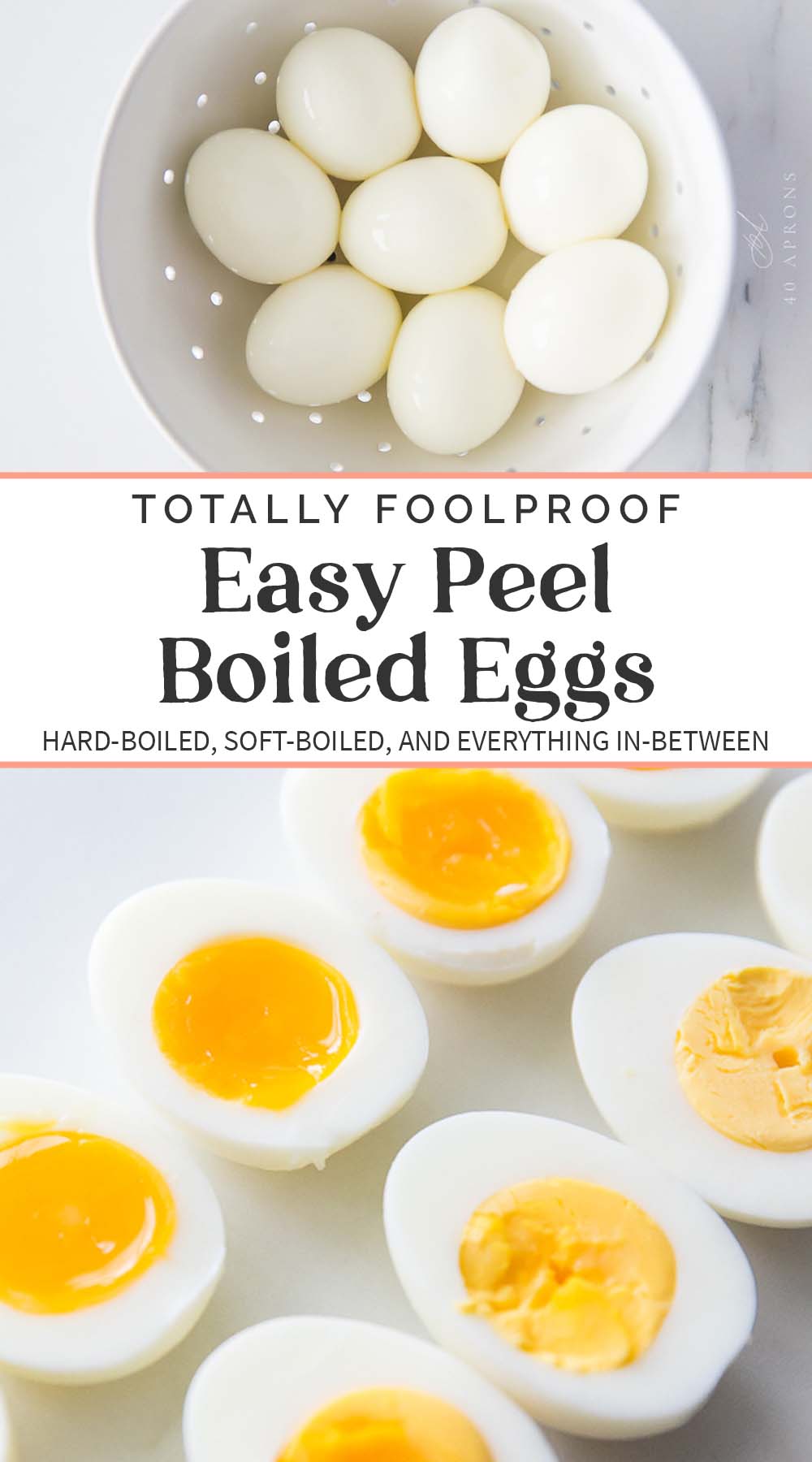 Pin graphic for perfect, easy peel hard- and soft-boiled eggs.