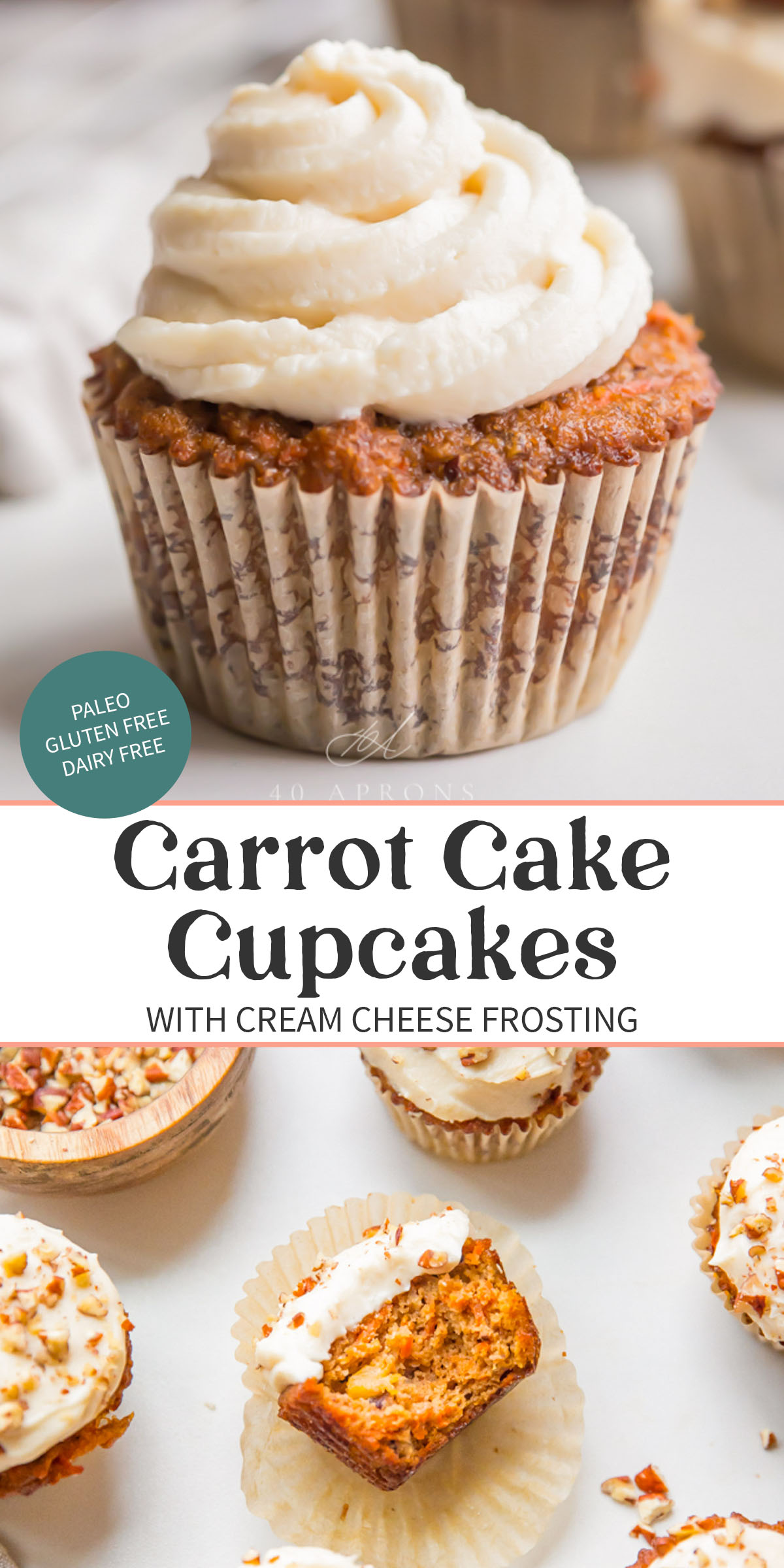 Pin graphic for paleo carrot cake cupcakes.