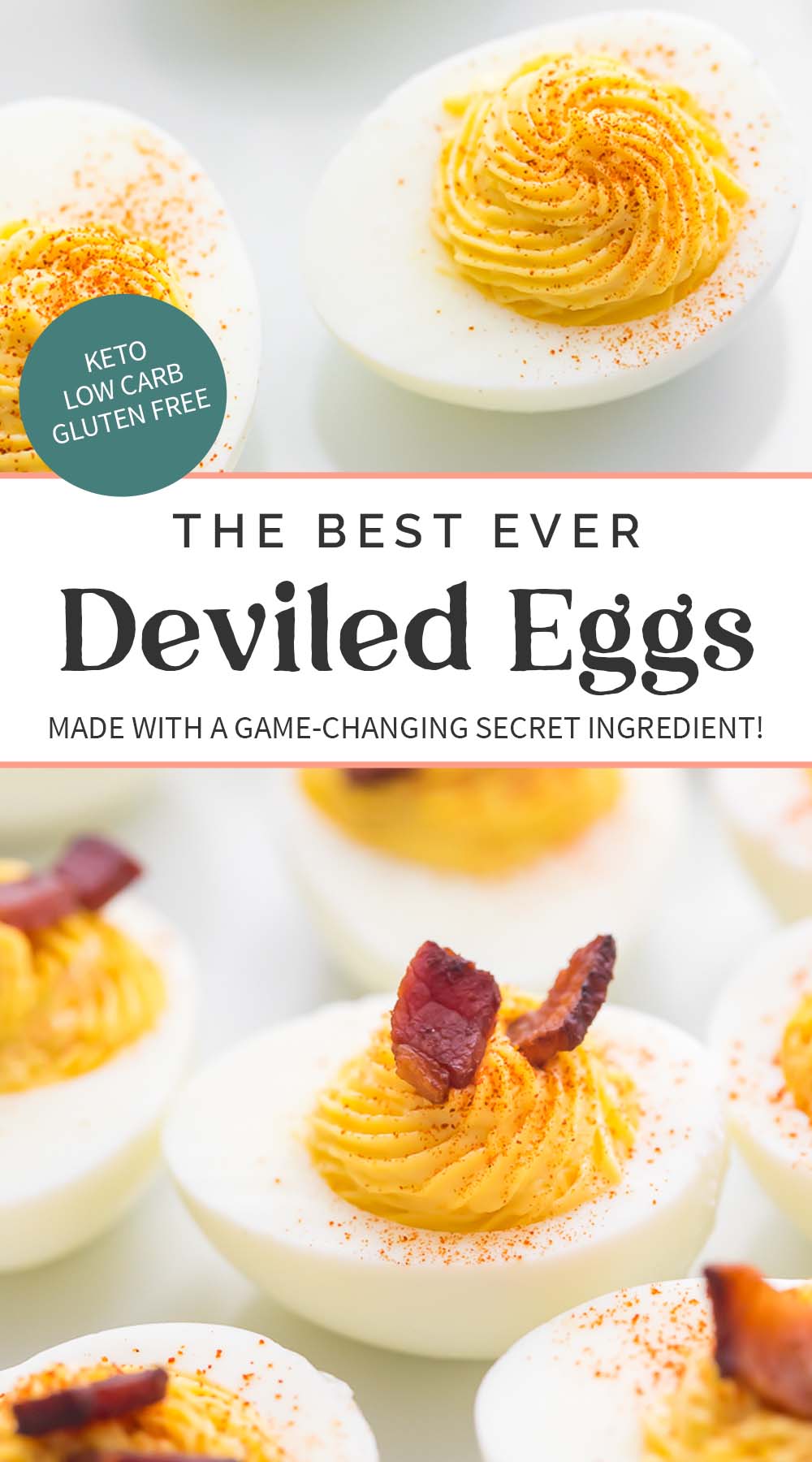 Pin graphic for keto deviled eggs with bacon.