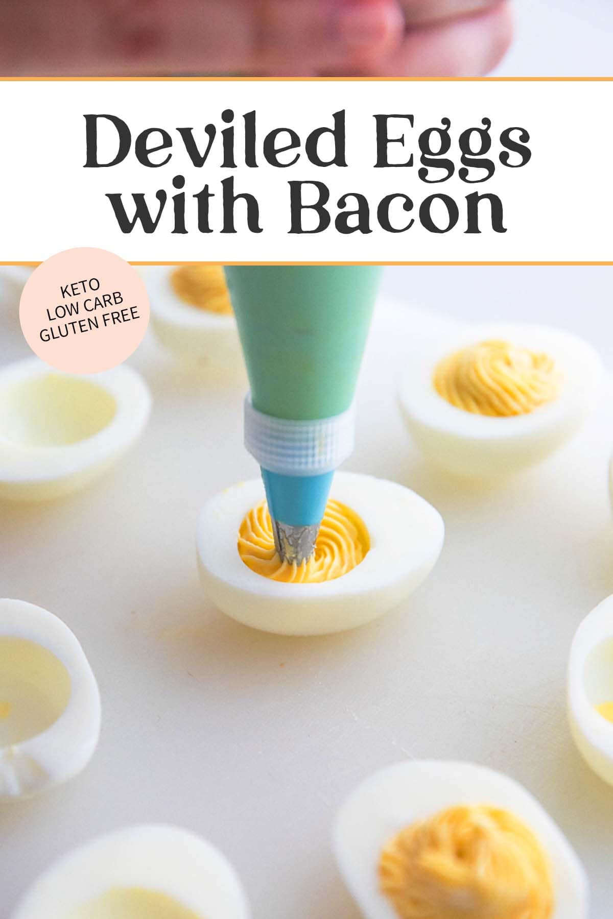 Pin graphic for keto deviled eggs with bacon.