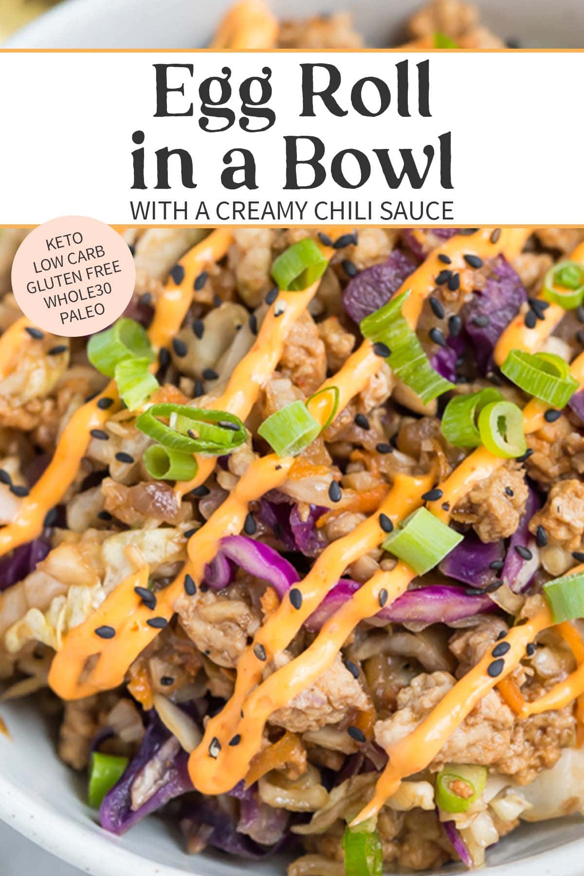 Pin graphic for egg roll in a bowl.