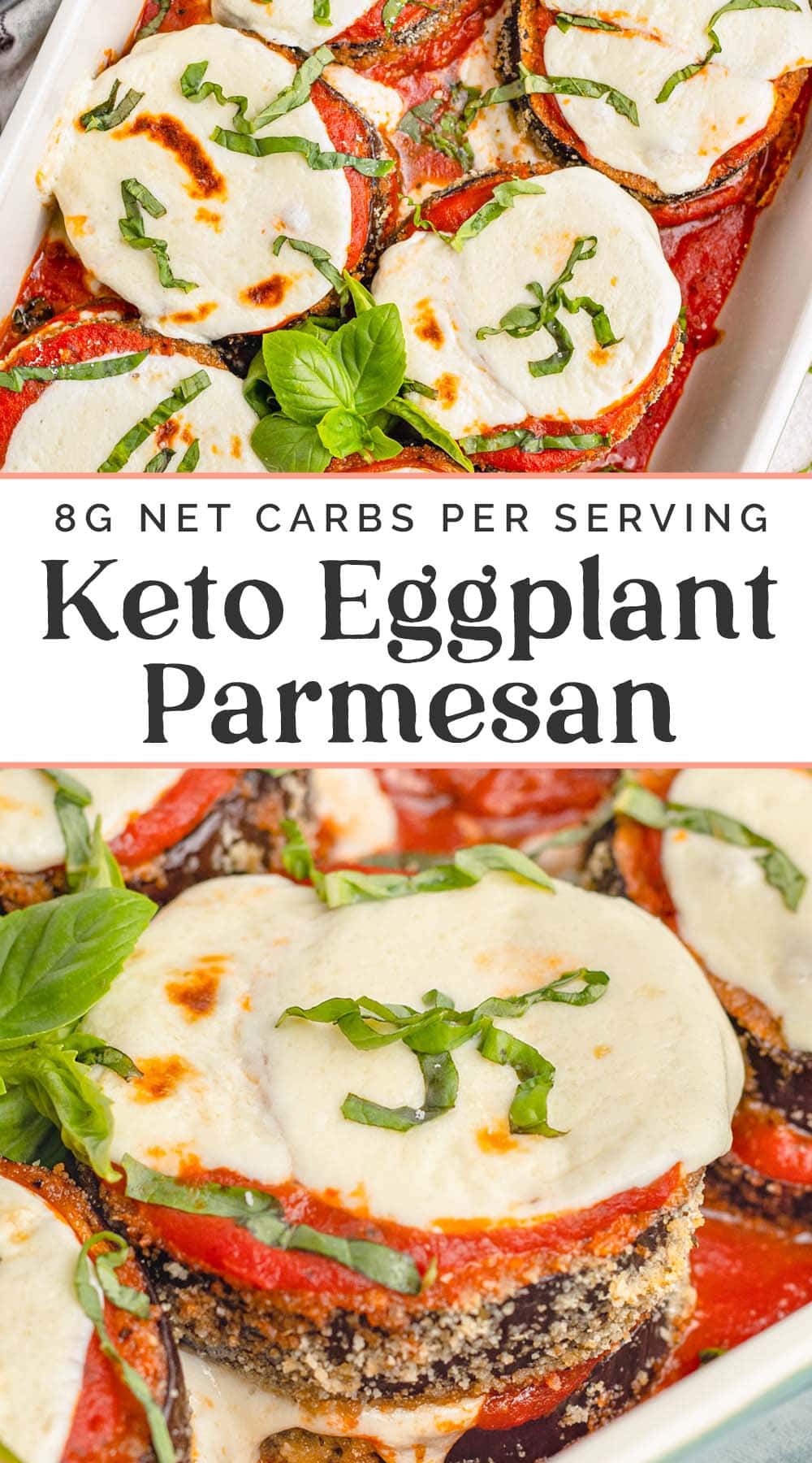 Pin graphic for keto eggplant parmesan.