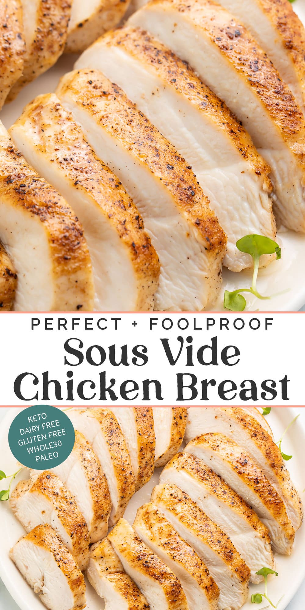 Pin graphic for sous vide chicken breast.