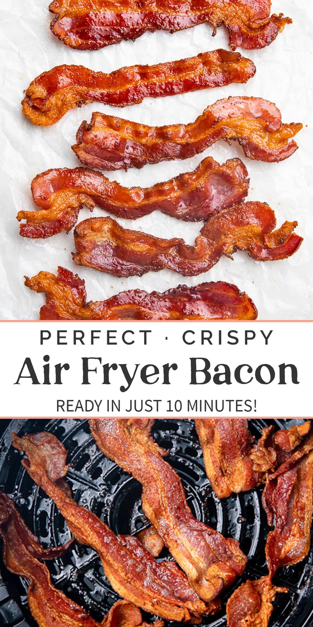 Pin graphic for air fryer bacon.
