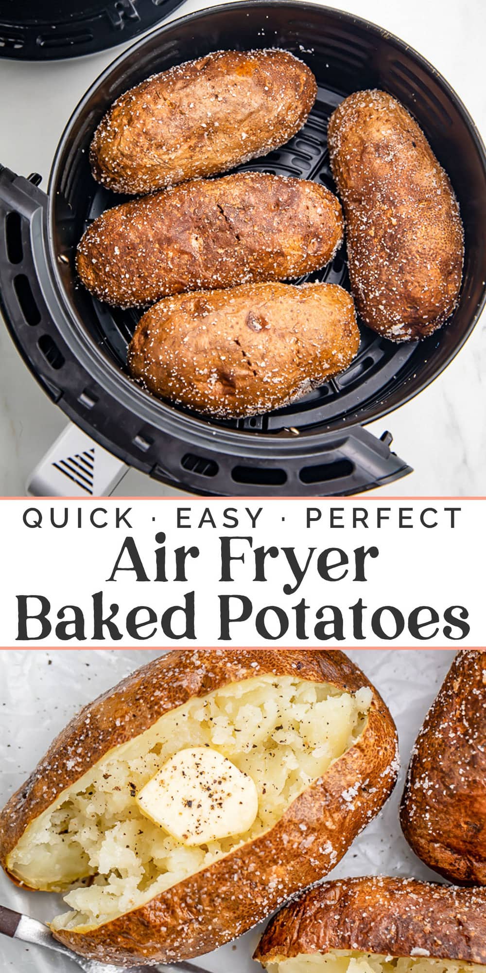 Pin graphic for air fryer baked potatoes.