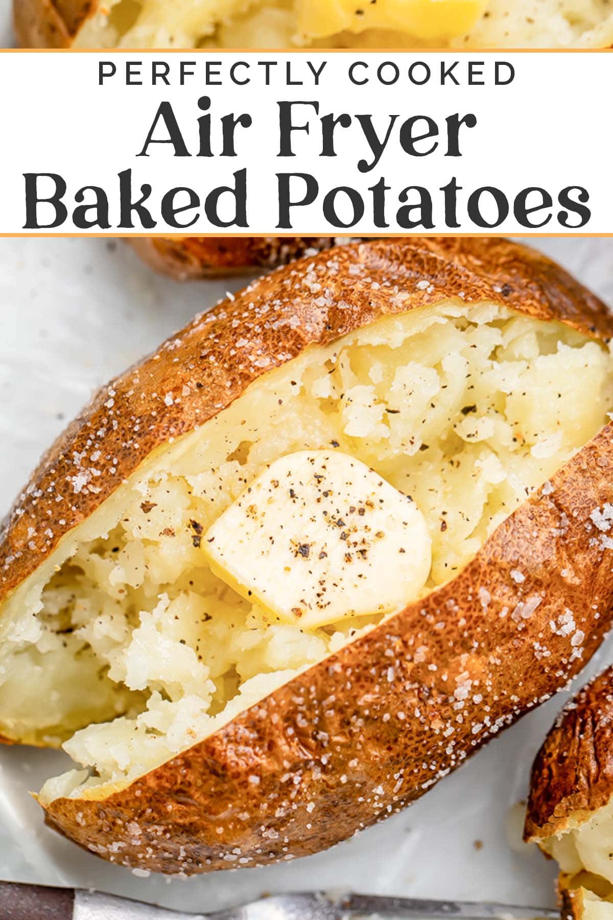 Pin graphic for air fryer baked potatoes.