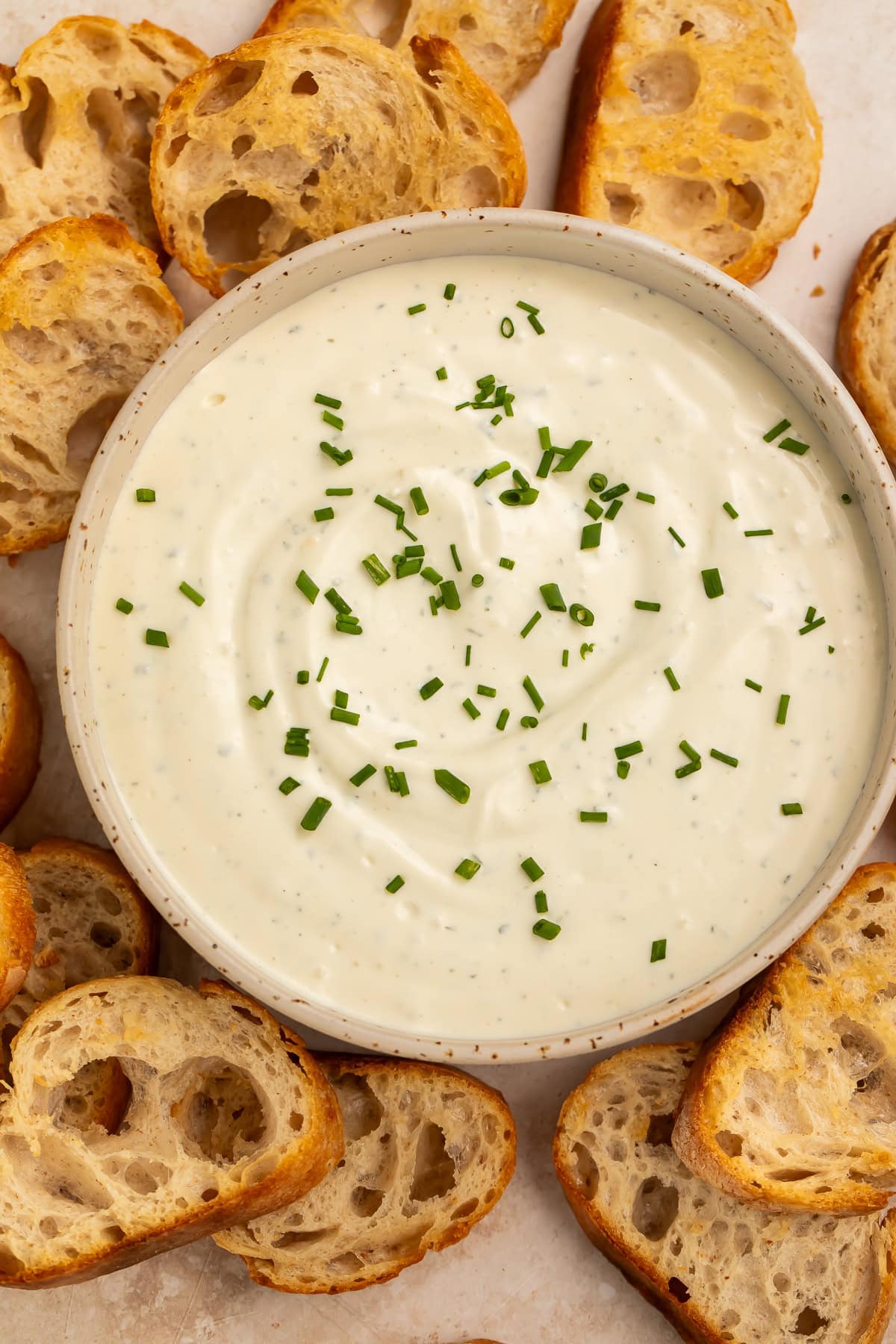 Bowl of Bourdin dip surrounded by crostini for dipping.
