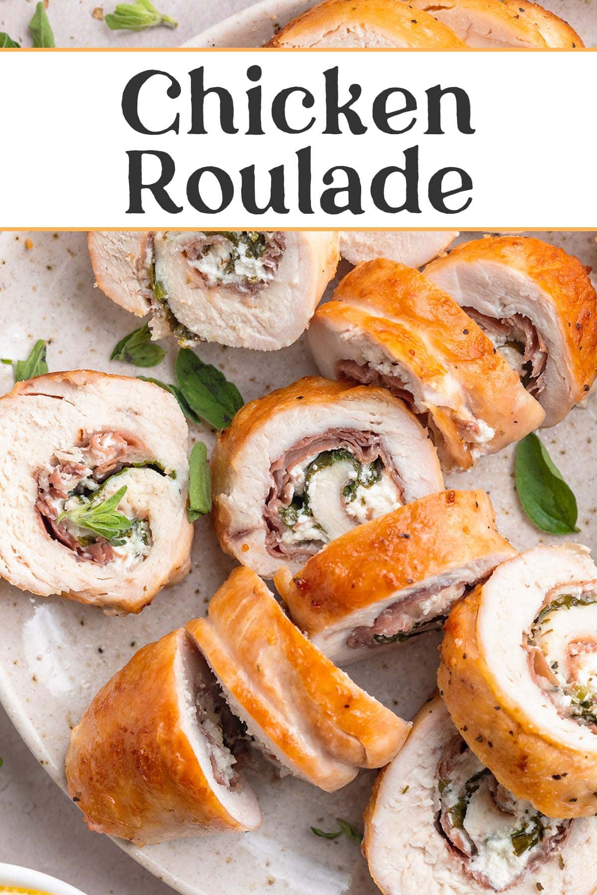 Pin graphic for chicken roulade.